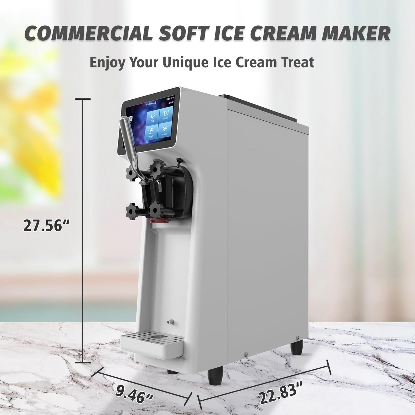 AnyDoor Commercial Ice Cream Maker Machine 1000W 2.7 to 4 Gal/H Single Flavor Soft Serve Ice Cream Machine Pre-cooling Auto Clean LCD Touch Screen Soft Serve Maker for Snack Bar Restaurants