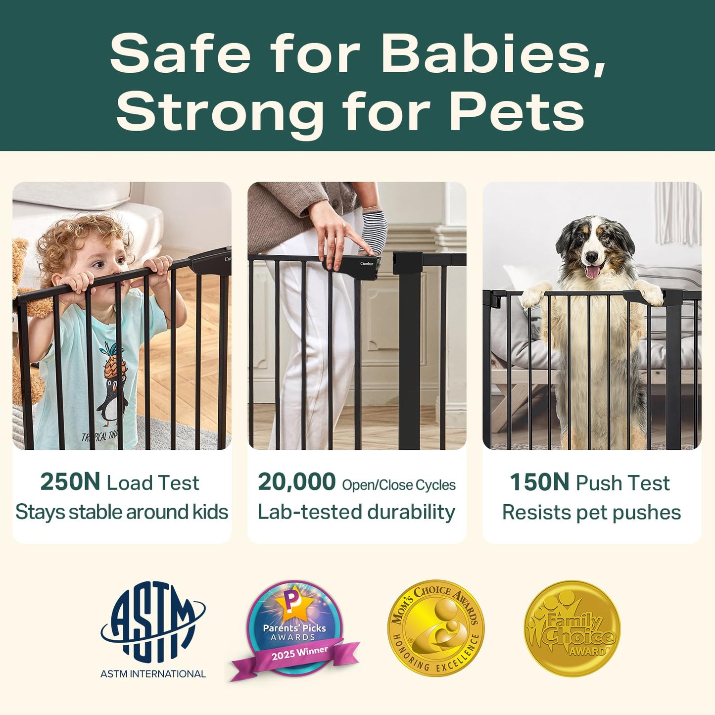 Cumbor 29.7-46" Baby Gate for Stairs, Toddler Safety Essentials for The House, Auto Close Dog Gate for Doorways, Mom's Choice Awards Winner-Easy Install Pressure Mounted Pet Gates for Dogs, White