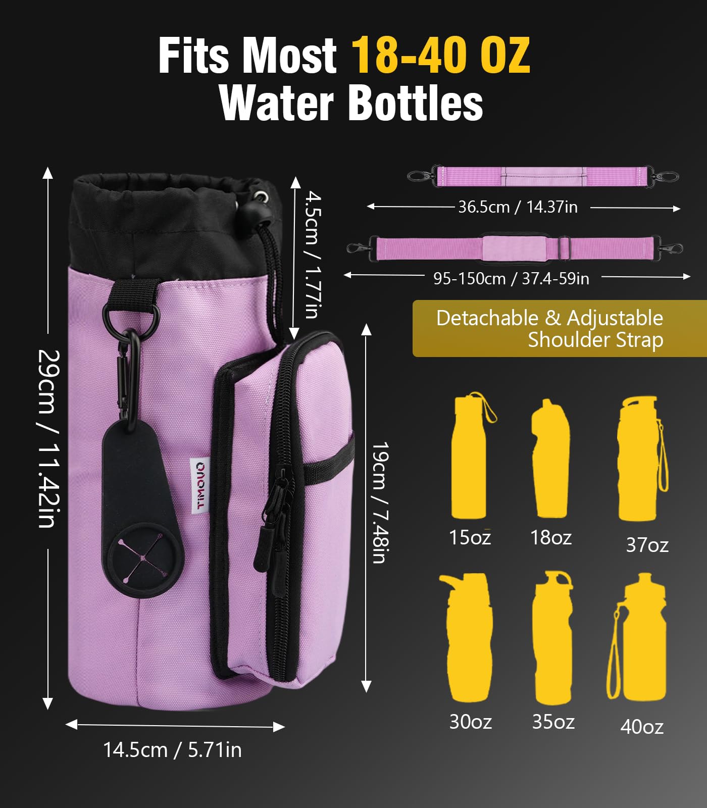 TiMOVO Magnetic Gym Bag, Water Bottle Holder with Strap & Phone Pockets, Built-in 5 Neodymium Magnets, Fits 18–40 oz Bottles, Gym Accessories for Sports, Travel, Workout, Lilac