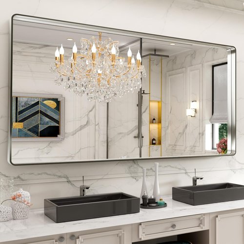 LOAAO Brushed Nickel Bathroom Mirror - 72x40 Inch Rounded Rectangle Design | Anti-Rust, Versatile Hanging Options