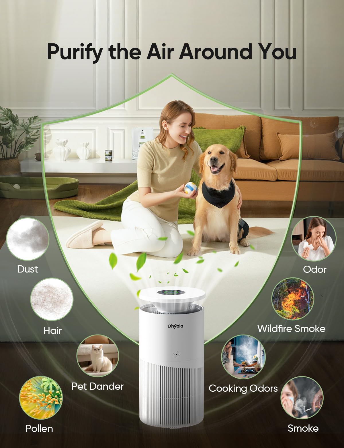 Dhyala Air Purifier for Home Large Room up to 3620Ft², H13 True HEPA Air Purifiers for Home Pet Hair Dander Odor Pollen, Air Cleaner with Smart WiFi, 360° Air Intake, Auto Mode, Pet Lock, 22dB Quiet
