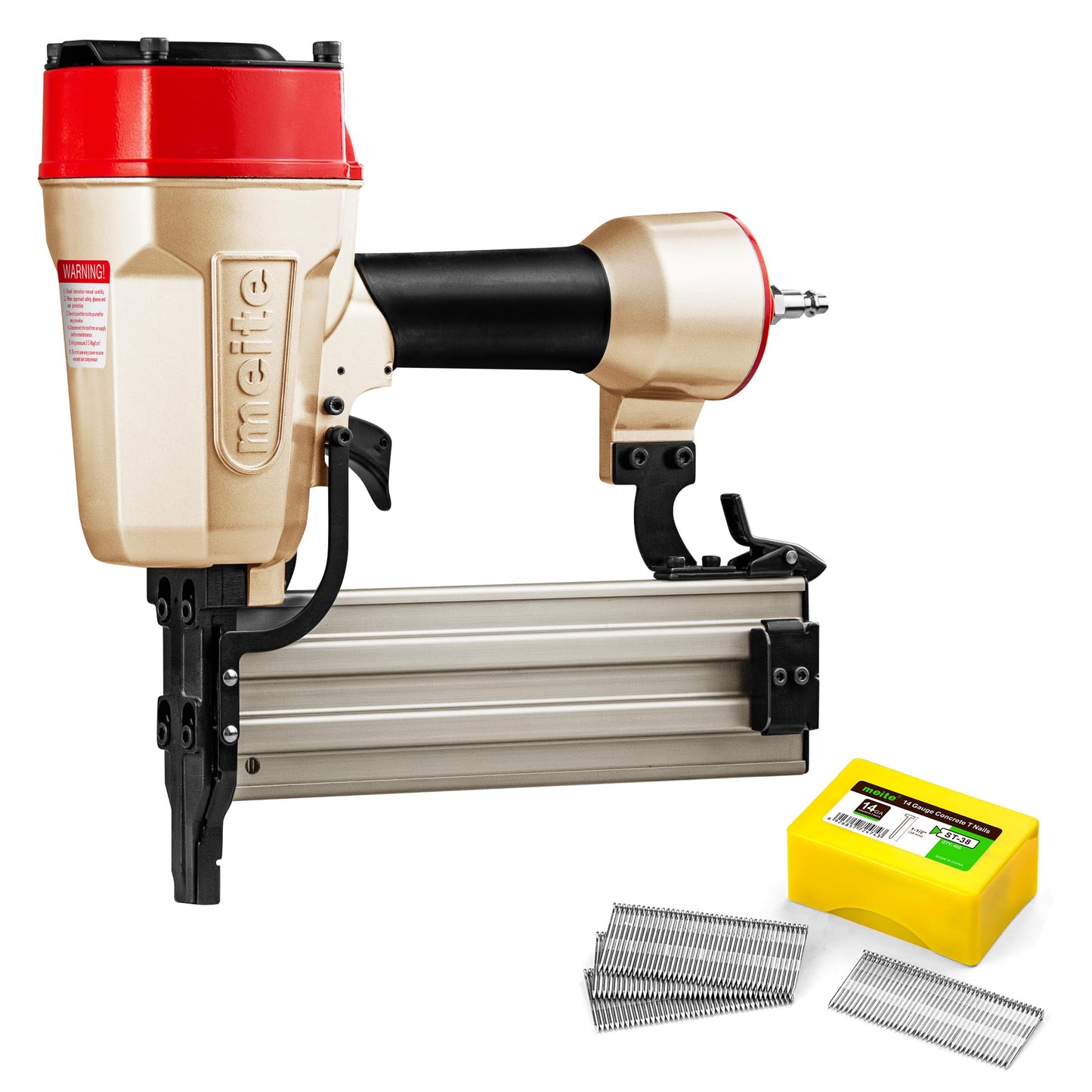 meite ST64L Concrete Nail Gun with 14 Gauge 2-1/2 Inch T Nails, Heavy Duty Pneumatic Concrete T-Nailer Gun for Wood-to-Concrete Projects, 100PCS Magazine