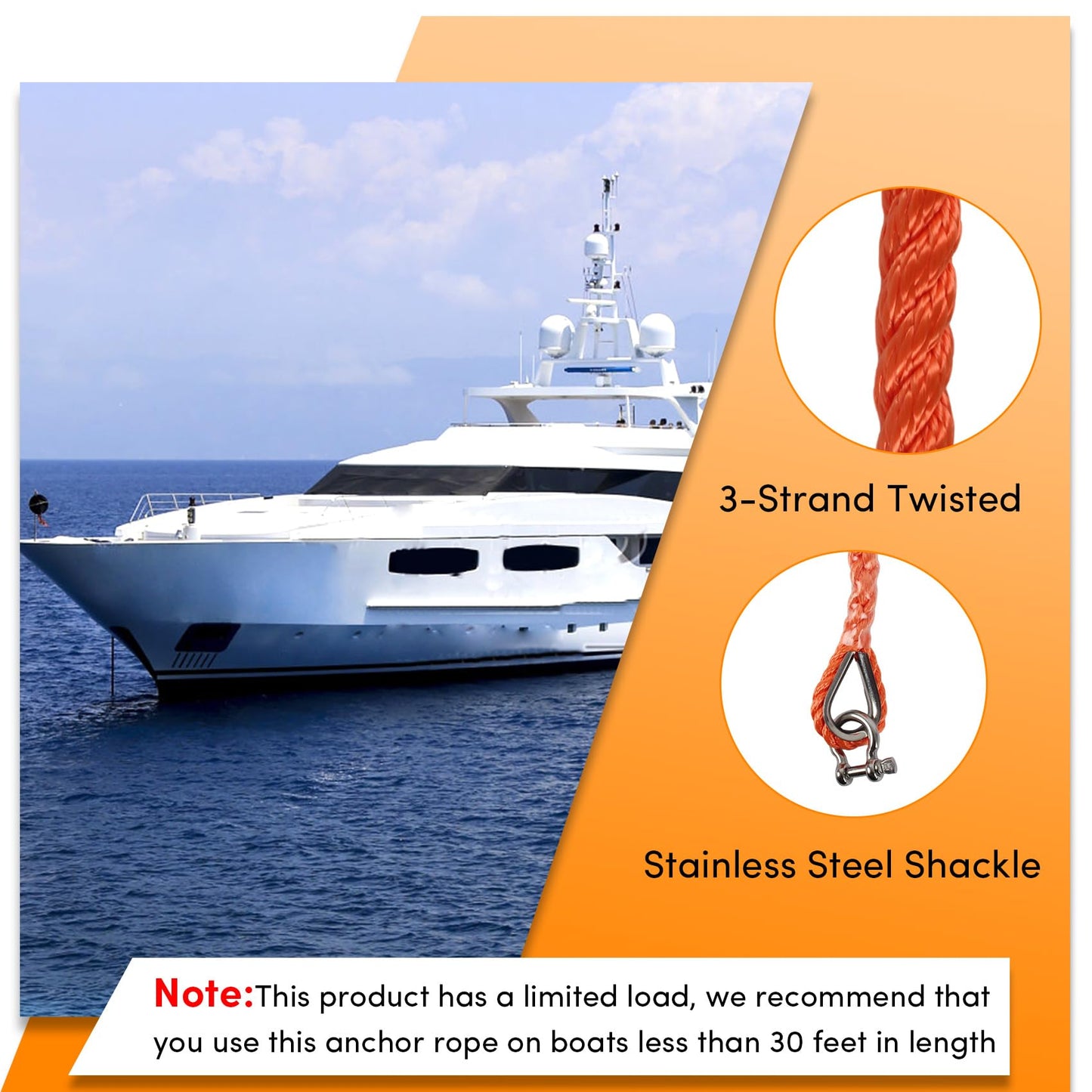 Anchor Rope 50 ft X 1/2 inch, 3-Strand Twisted Nylon Anchor Line, Boat Rope with Stainless Steel Thimble and Shackle for Boating, Anchoring, Mooring,Pulling (Orange)