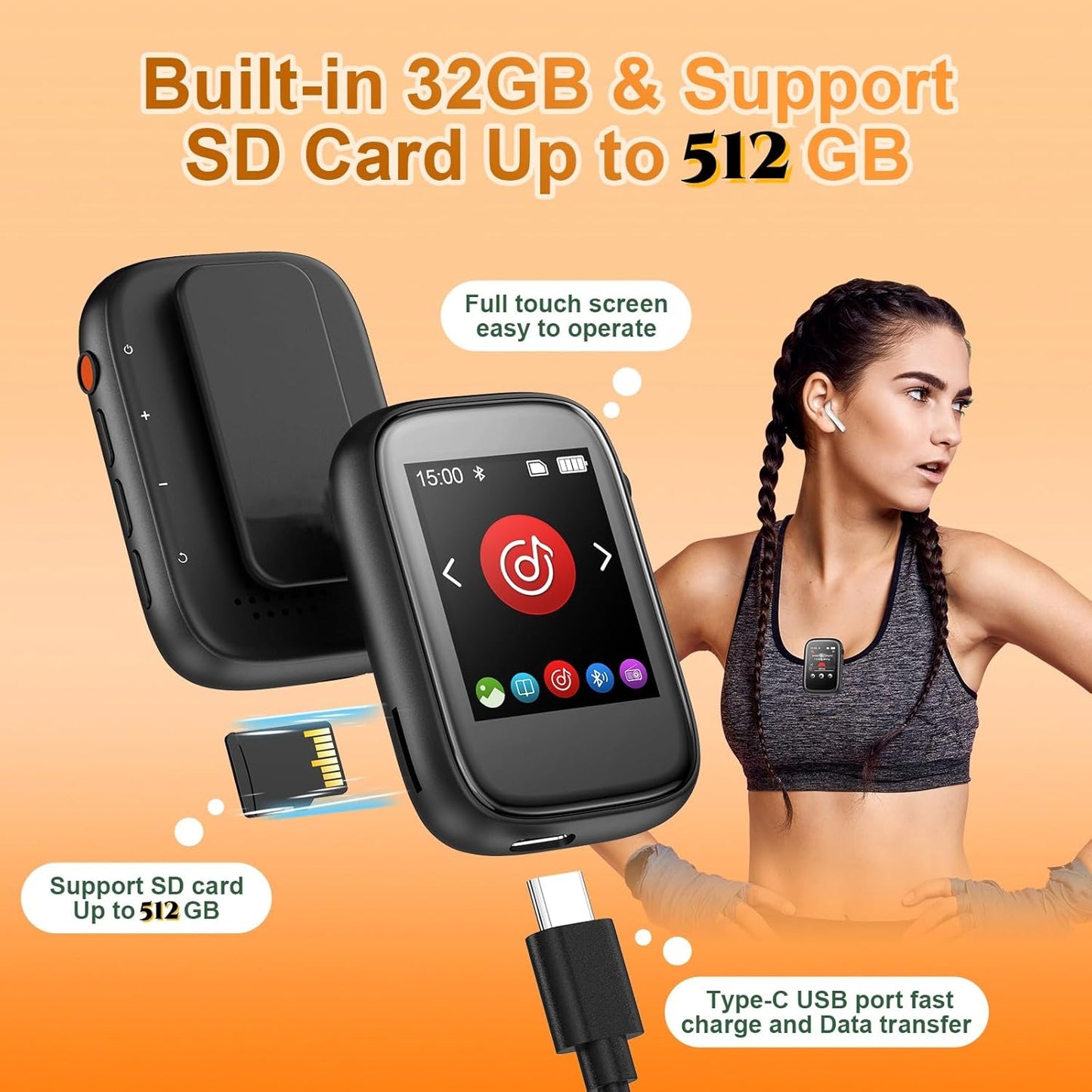 Colorcool Mp3 5.3, 512GB Player with Bluetooth Portable Kids Music Player with Clip on Back,Touch Screen,Biult-in Voice