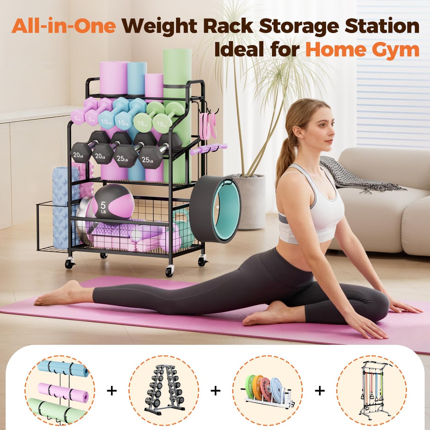 HavenlyYouth Dumbbell Rack Holds Yoga mat, Weight Rack Storage for Home Gym, Workout Equipment Organizer for Kettlebells and Foam Roller With Hooks and Wheels