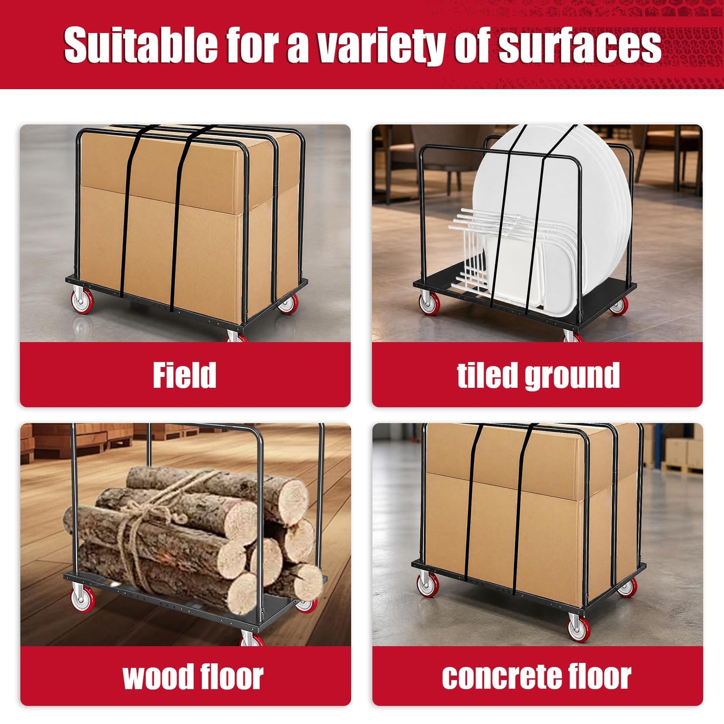 A AIKOOL Folding Table Cart, 1800 LBS Heavy Duty Drywall Dolly with 5" PU Swivel Locking Wheels, 46"x29"x39" Multi-Purpose Cart for 60" Round Tables, Sheetrock, Lumber, Hotel, Party, Warehouse, Garage
