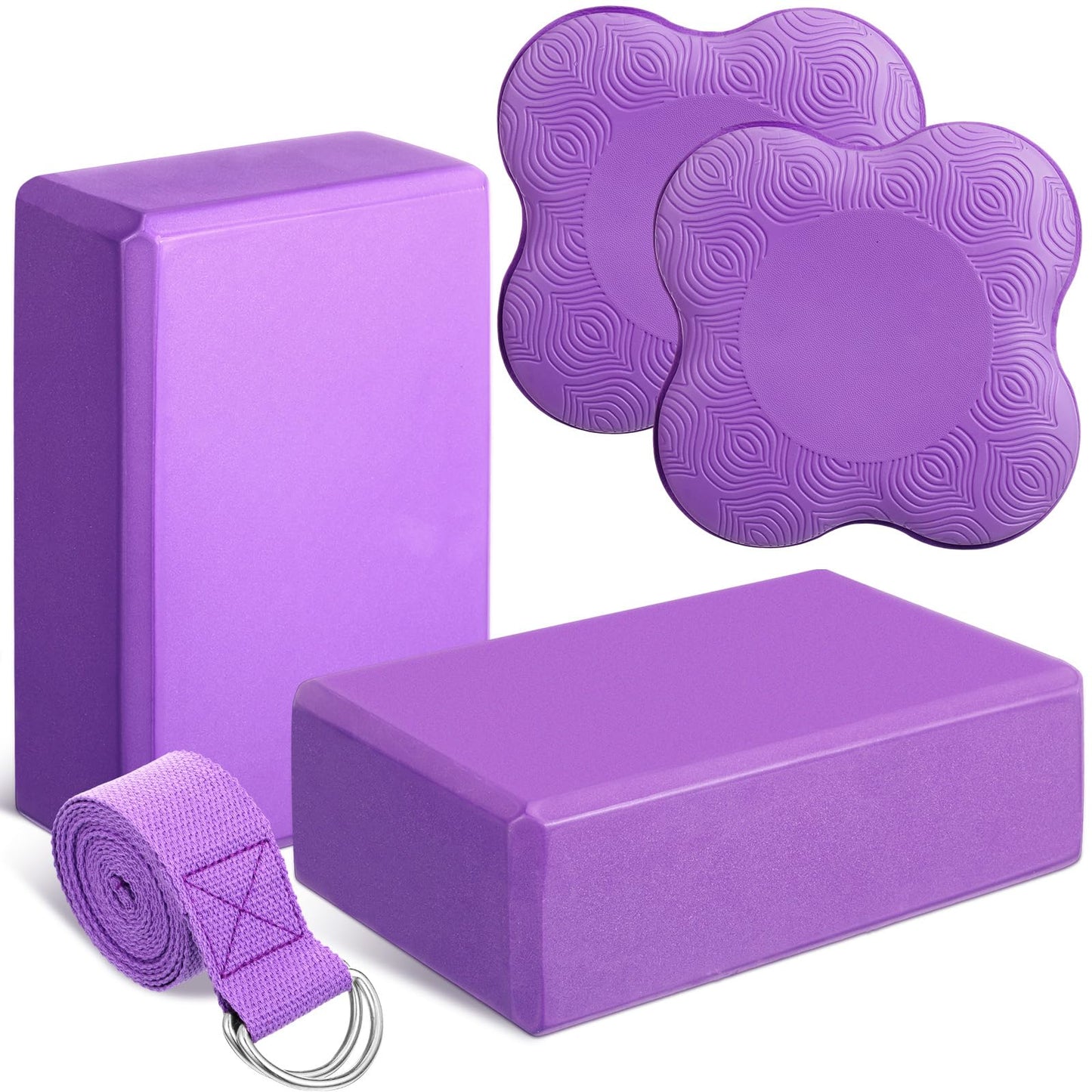 RoundFunny 5 Pcs Yoga Blocks Knee Pads Yoga Strap Set Soft Premium Foam Blocks Accessories for Pilates Meditation General Fitness Stability, Kneeling, Balance, Deepen Stretches and Toning(Purple)