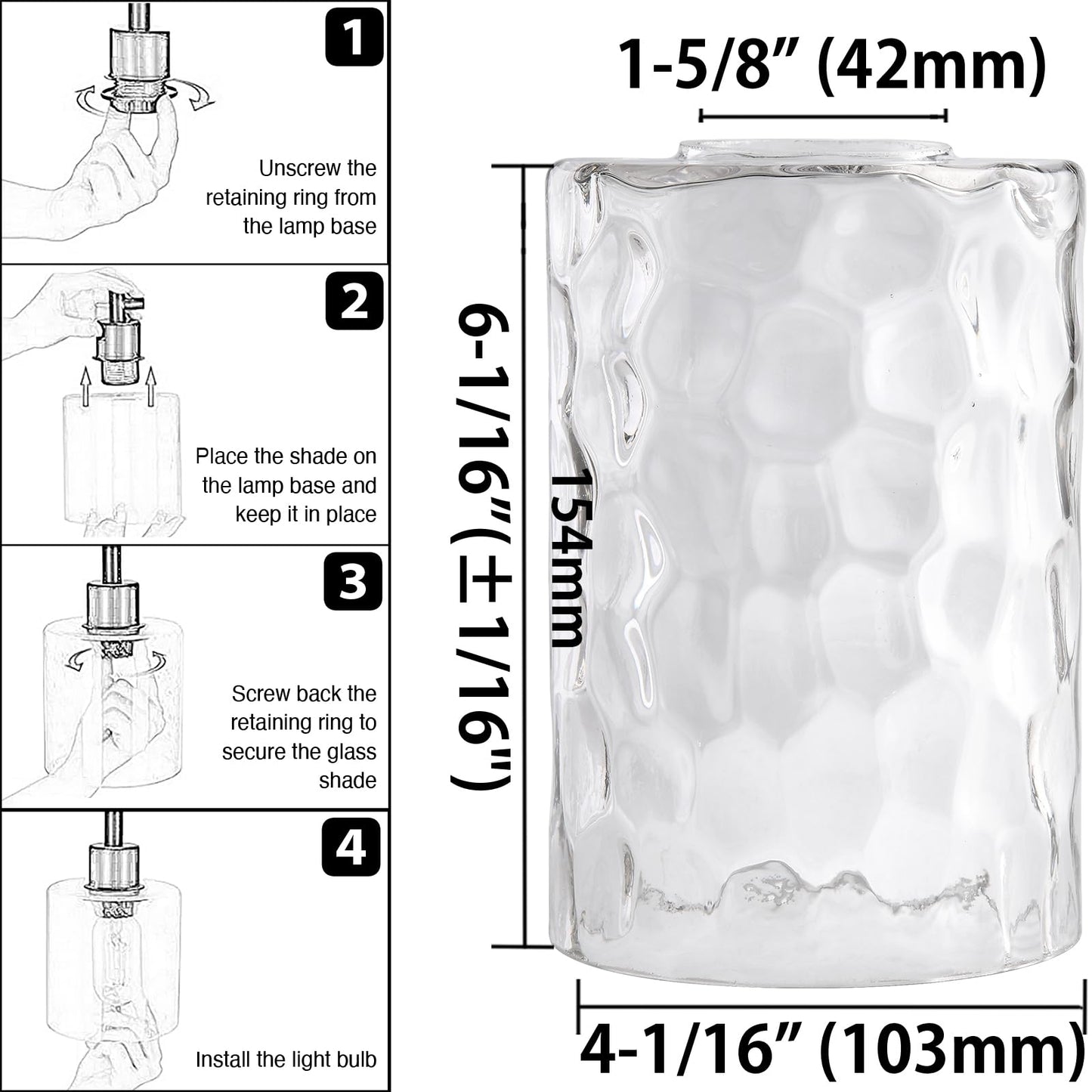 Rivqahra Glass Lamp Shade Replacement Globe & Cover for Light Fixture, 6-1/16" Height 4-1/16" Diameter, 1-5/8 inch Fitter, 5 Pack Clear Hammered Water Ripple Cylinder Glass Shade