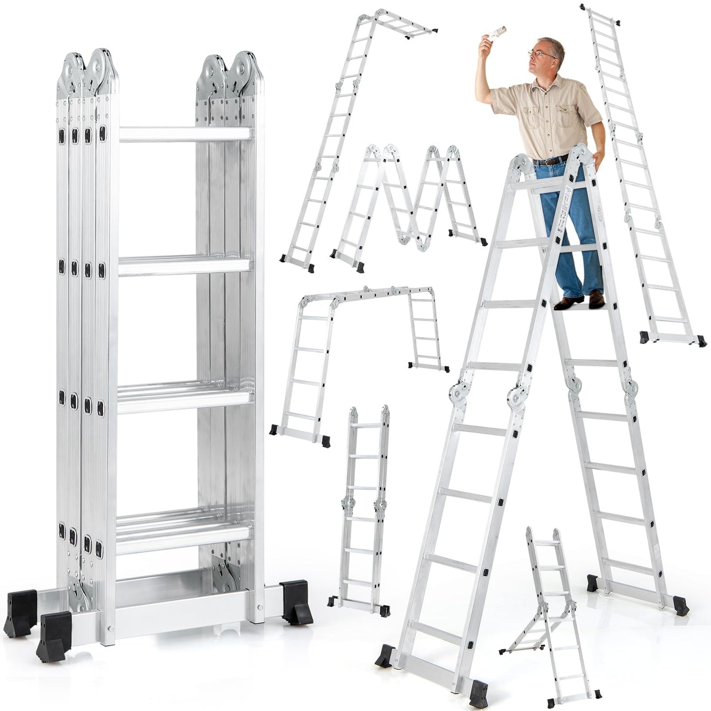 Toolsempire 7-in-1 Folding Ladder, Multi-Purpose 15 FT Aluminum Alloy Ladder with Non-Slip Feet, Safety Locking & Heavy Duty Frame, Indoor & Outdoor Lightweight Extension Ladder, 330 LBS Capacity