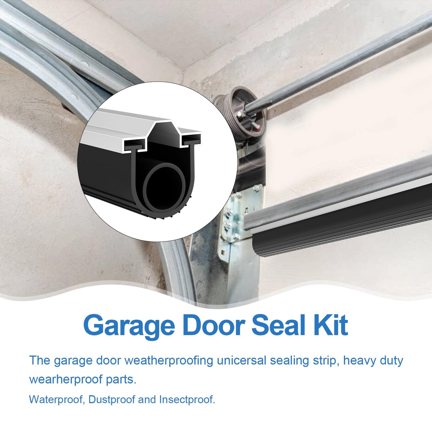 Duzzy 10 Feet Convex Shape Garage Door Seal Kits, Pre-drilled Heavy-Duty Weatherproofing Garage Door Rubber Seals Bottom Pakage with Aluminum Track Retainer Base Kits
