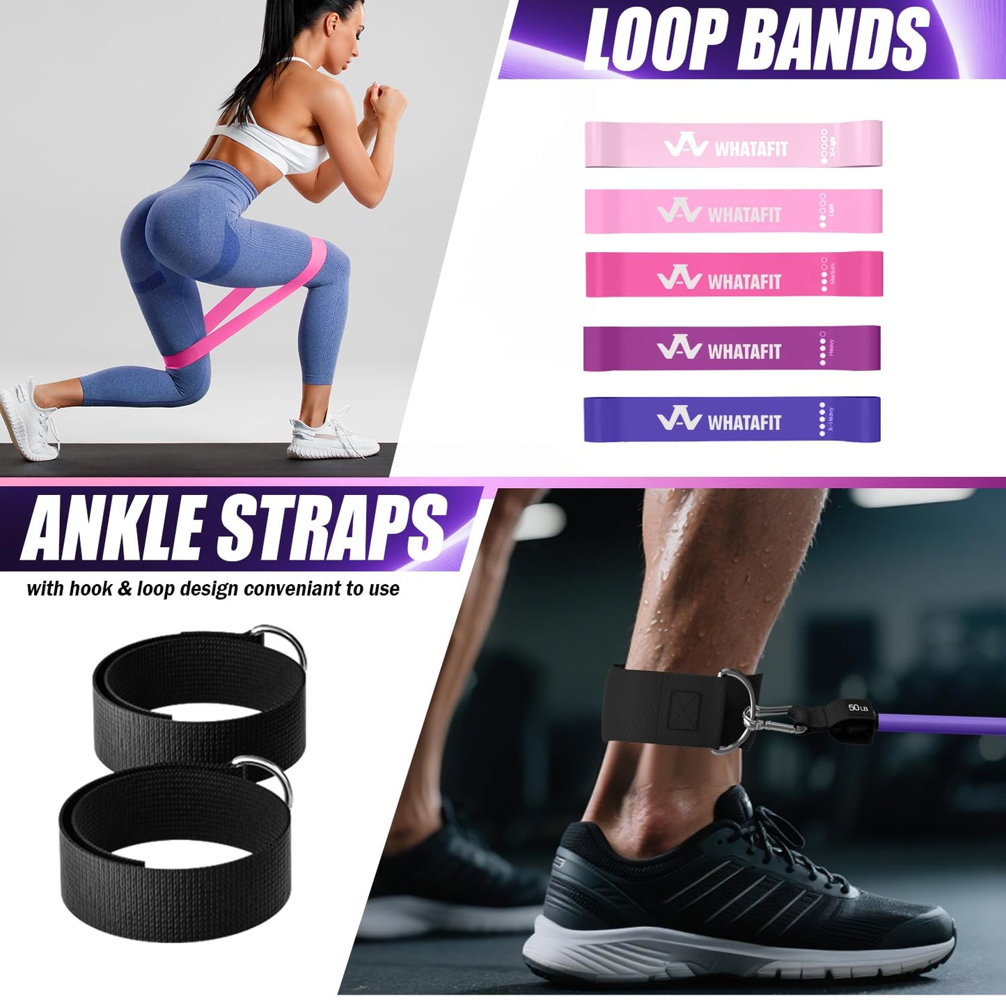WHATAFIT Resistance Bands, Exercise Bands，Resistance Bands for Working Out, Work Out Bands with Handles for Men and Women Fitness, Strength Training Home Gym Equipment Pink Purple 16PCS