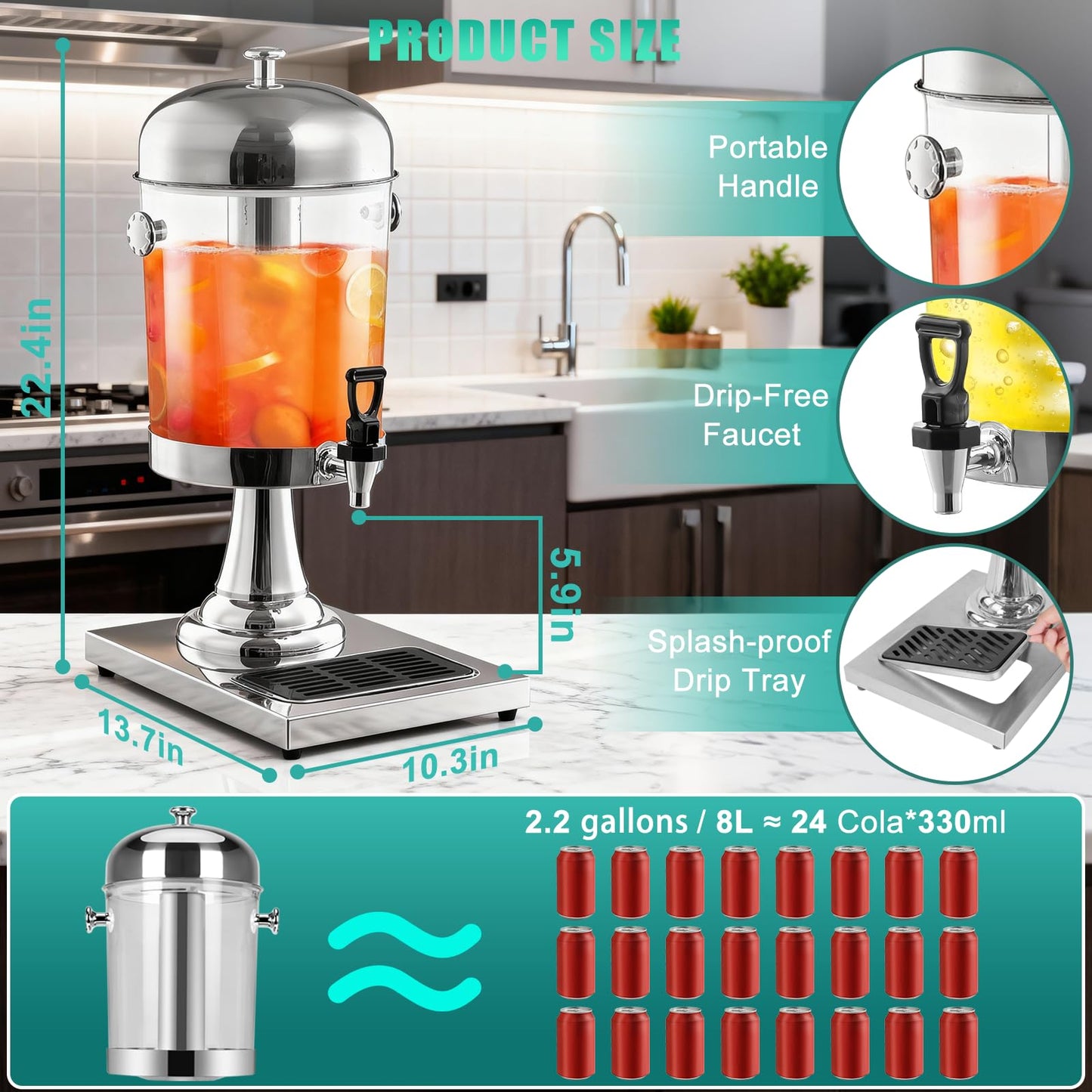 2 Gallon Drink Dispensers for Parties, Easy-to-Clean Drip Tray Design, Hot & Cold Dual-Use Stainless Steel Beverage Dispenser with Stand, Juice Dispenser with Ice Core, Spigot