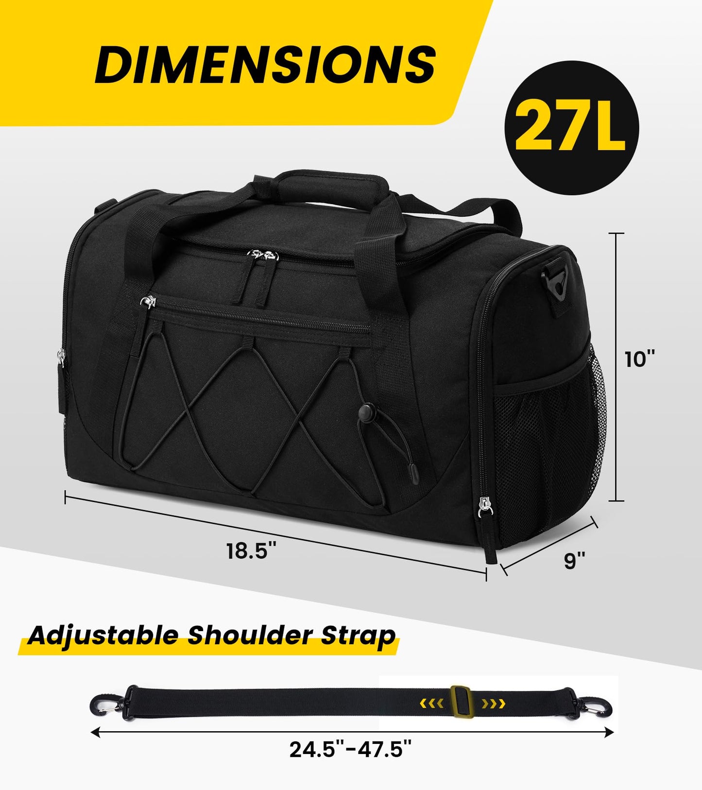 Vorspack Gym Bag for Men - 18 Inches Duffle Bag for Travel Duffel Bag with Shoe Compartment Lightweight Travel Bag for Gym Sports Overnight Weekender - Black