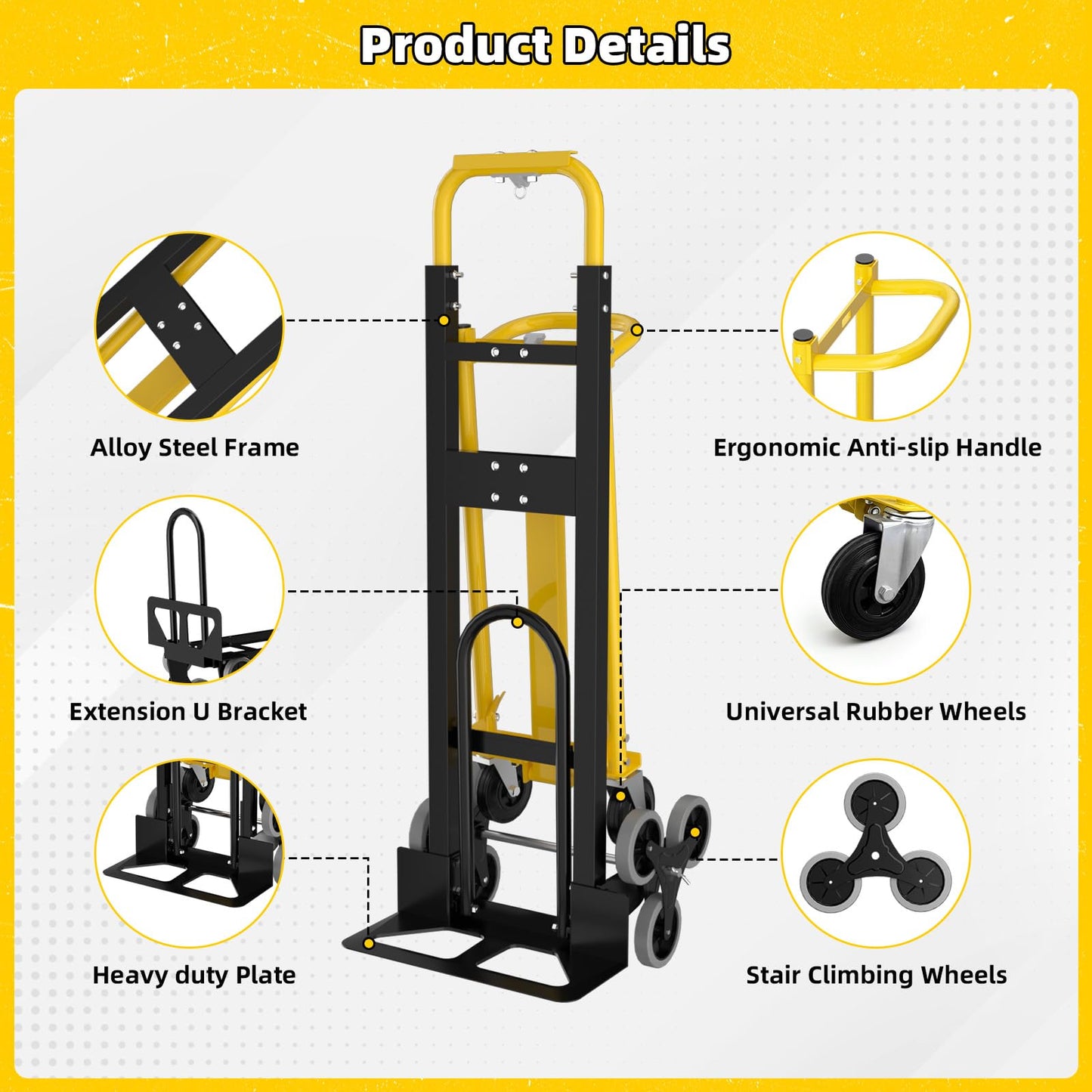 4 in 1 Convertible Hand Truck Dolly Cart with Wheels, 1000Lbs Capacity, Heavy Duty Stair Climbing Hand Trucks with Bungee Cord & Strap for Flat Ground & Stairs, Logistics, Home, Office, Yellow