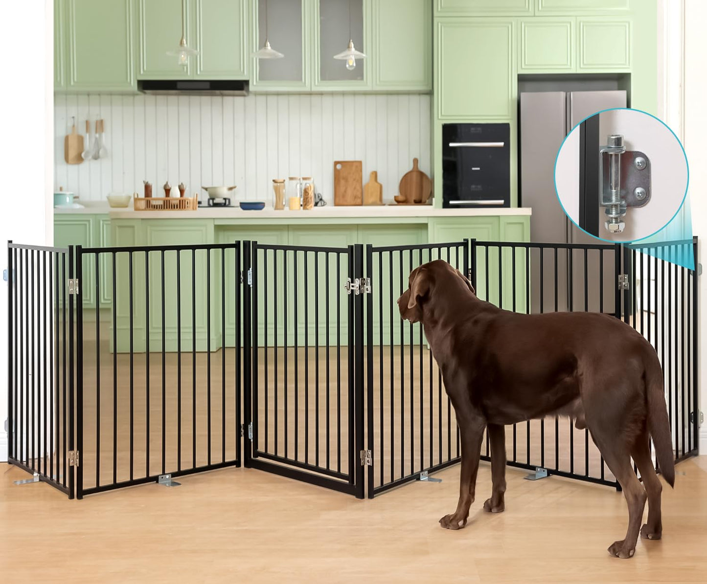 No Pawblems Free Standing Dog Gate with Door, 30'' Tall Foldable Dog Fence for Indoor & Outdoor, Up to 156 Inch Extra Wide Pet Gate for Yard, Deck, Doorways, Stairs, Hallways (Black, 6 Panels)