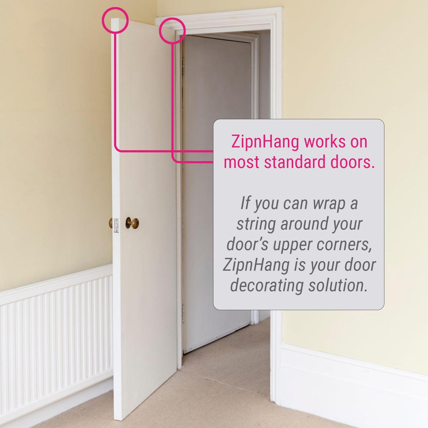 Zip 'n Hang Wreath Hanger for Front Door – Damage Free Adjustable Door Wreath Hanger for Glass, Screen & Standard Doors, Christmas Wreath & Decor Hook (White - 1 Pack)