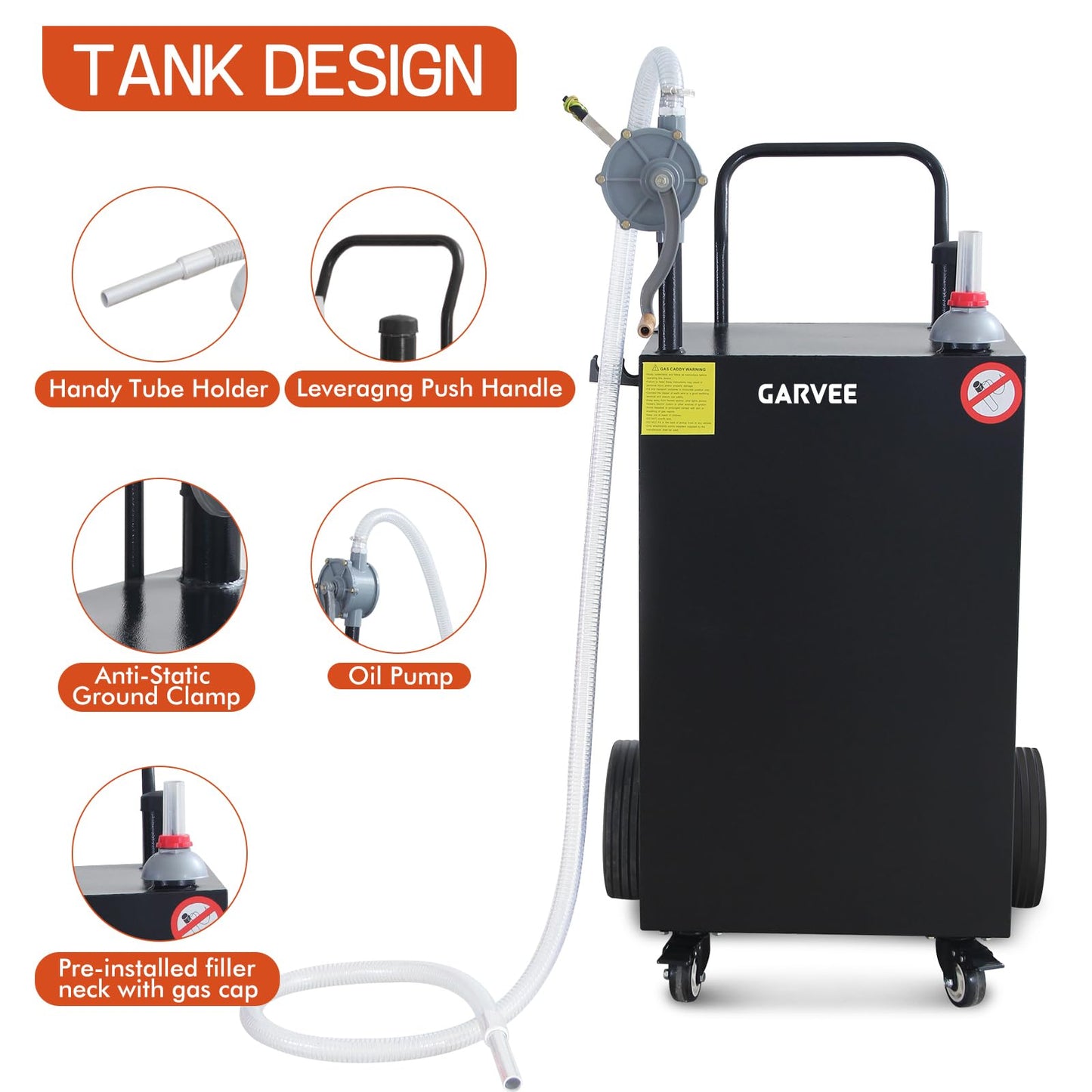 Garvee 45 Gallon Portable Fuel Caddy with Manual Transfer Pump, Heavy Duty Fuel Storage Tank on 4 Wheels, Gasoline Diesel Fuel Container for Trucks, Boats, ATVs, Lawn Mowers, Black