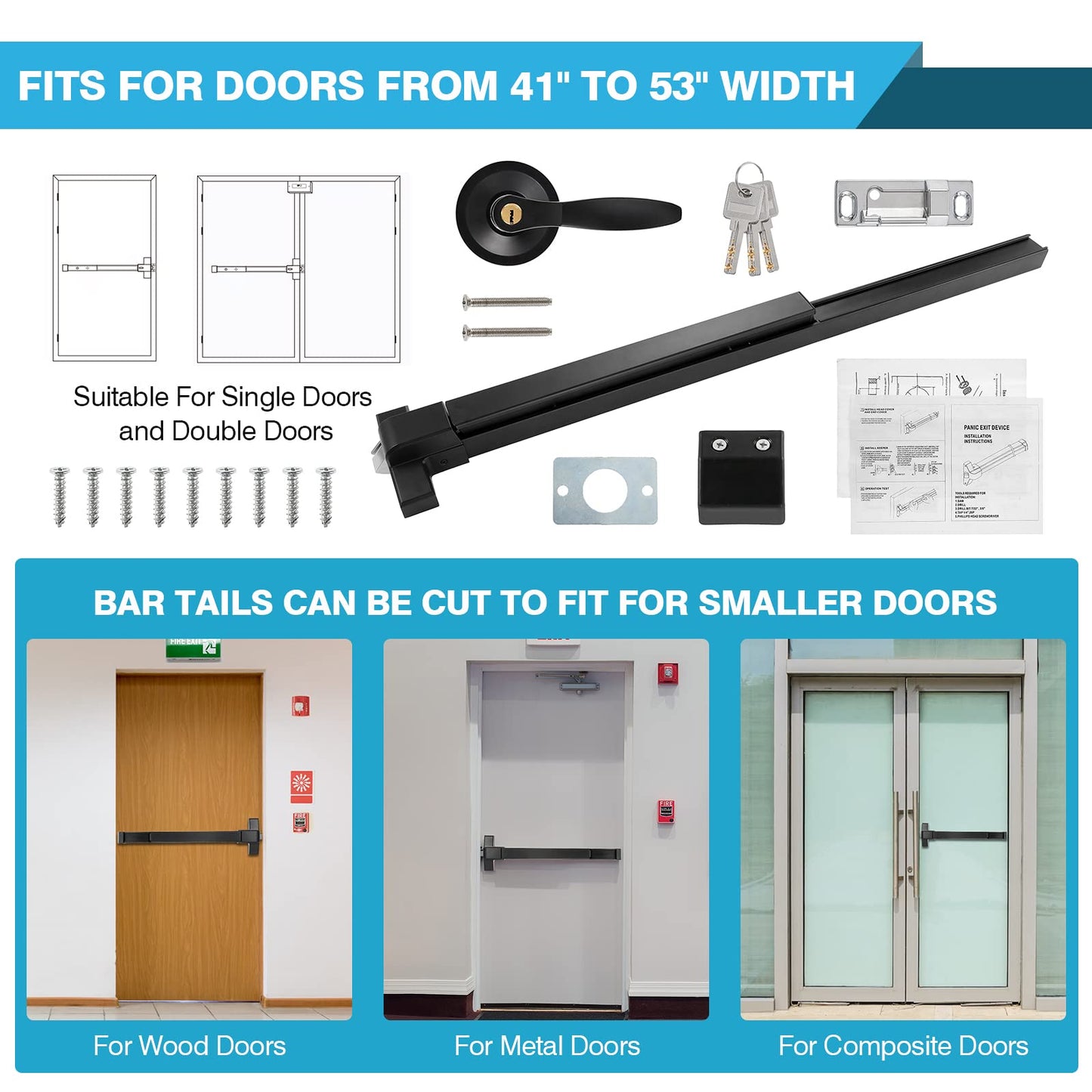 IRONWALLS Panic Exit Device, Black - 41' Commercial Door Push Bar with Exterior Lever, Stainless Steel Emergency Door Push Bar Locks for 41'-53' Doors
