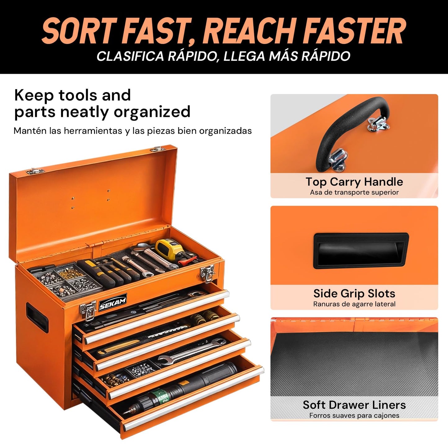 SEKAM 5-Drawer Rolling Tool Chest with Wheels, Tool Cabinet Combo with Top Chest, Bottom Drawer, Locking Door, Side Tray, Pegboard, Hooks for Garage Workshop