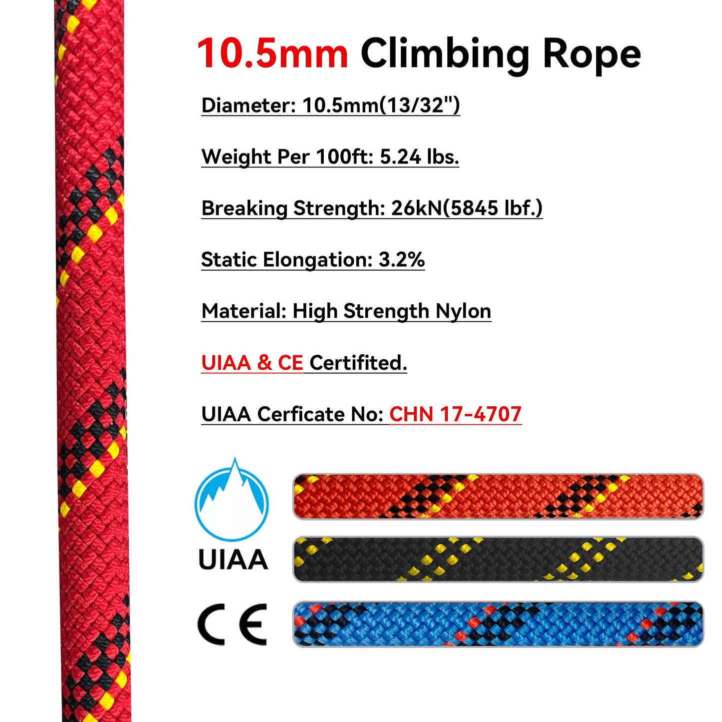 BlazeBeam Static Climbing Rope 10.5mm UIAA Static Line Rappelling Rope 45M (150ft) Nylon Kern Mantle Rope for Escape Rope Rock Climbing, Mountain Tree Climbing, Hauling, Rescue