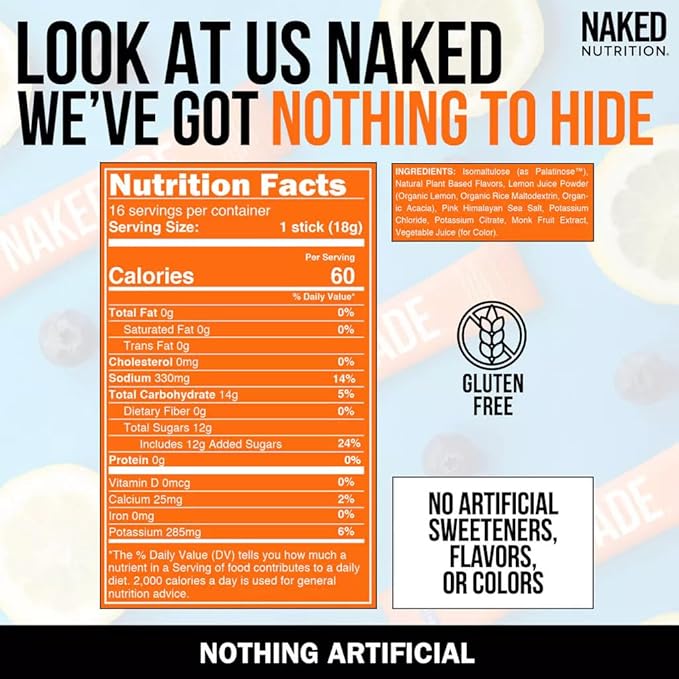 Nakedade Blueberry Lemonade ??Performance Enhancing Sports Drink Powder - Electrolyte Powder ??No GMOs or Artificial Sweeteners, Gluten-Free, Soy-Free, Dairy-Free ??16 Sticks