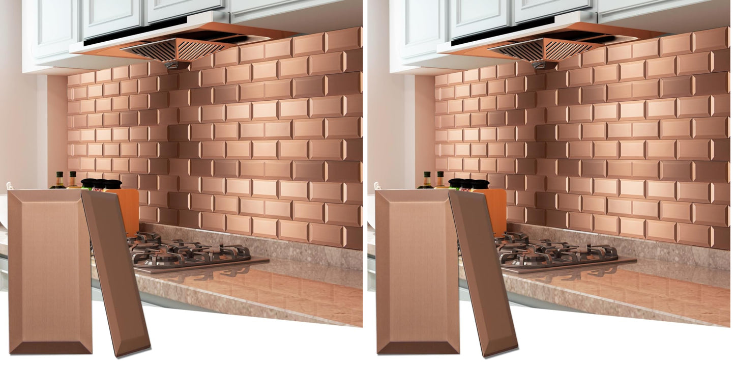 Art3d 100 Pcs Peel and Stick Backsplash Tiles, 3D Textured Metal Stick On Subway Wall Tiles for Kitchen Back Splashes, Bathroom, Laundry Room, 3 x 6 Inch, Copper (Pack of 2)
