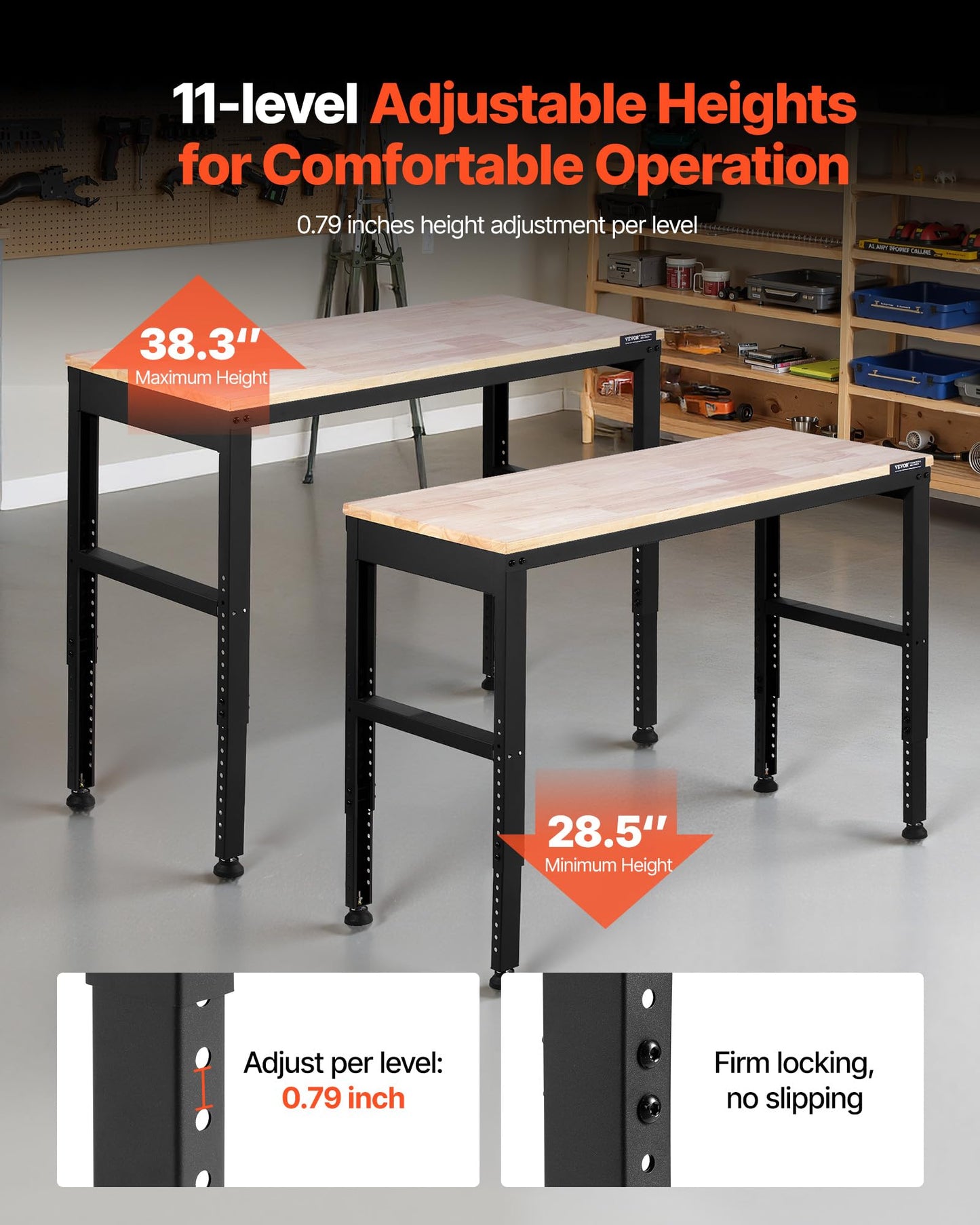 VEVOR Adjustable Workbench, 48 x 20-inch Heavy Duty Work Bench with 28.5-38.3 Inches Height Adjustment, 2000 lbs Capacity Garage Workbench with Power Outlets, Suitable for Office, Garage, Workshop