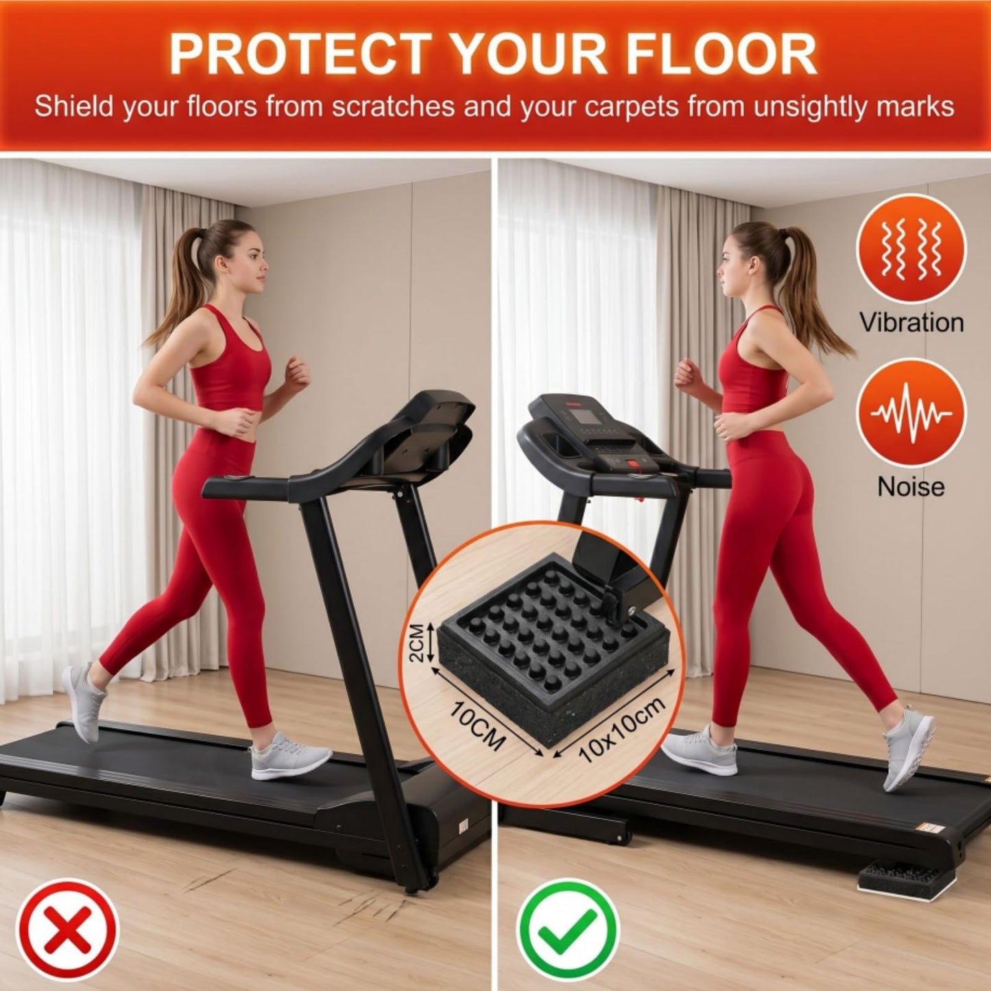 WRINGKIT 8 Pack Heavy Duty Exercise Equipment Mat, 4 x 4 x 0.8 Inch Non Slip Noise Reduction Mat for Treadmill, Treadmill Mat Pad for Rubber Hardwood Floors Carpet Protection Home Gym