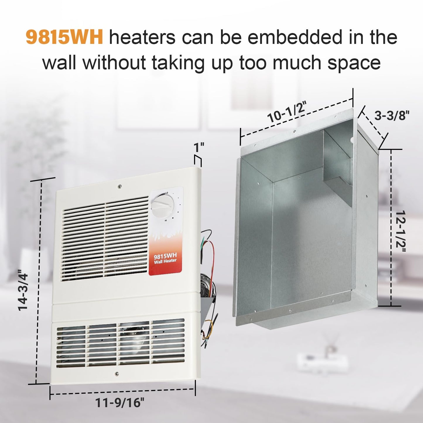 9815WH Large Capacity Electric Wall Heater with Built-in Adjustable Thermostat and Silent Motor, Overheat Protection, 1500 Watts, 120/240 Volts, White