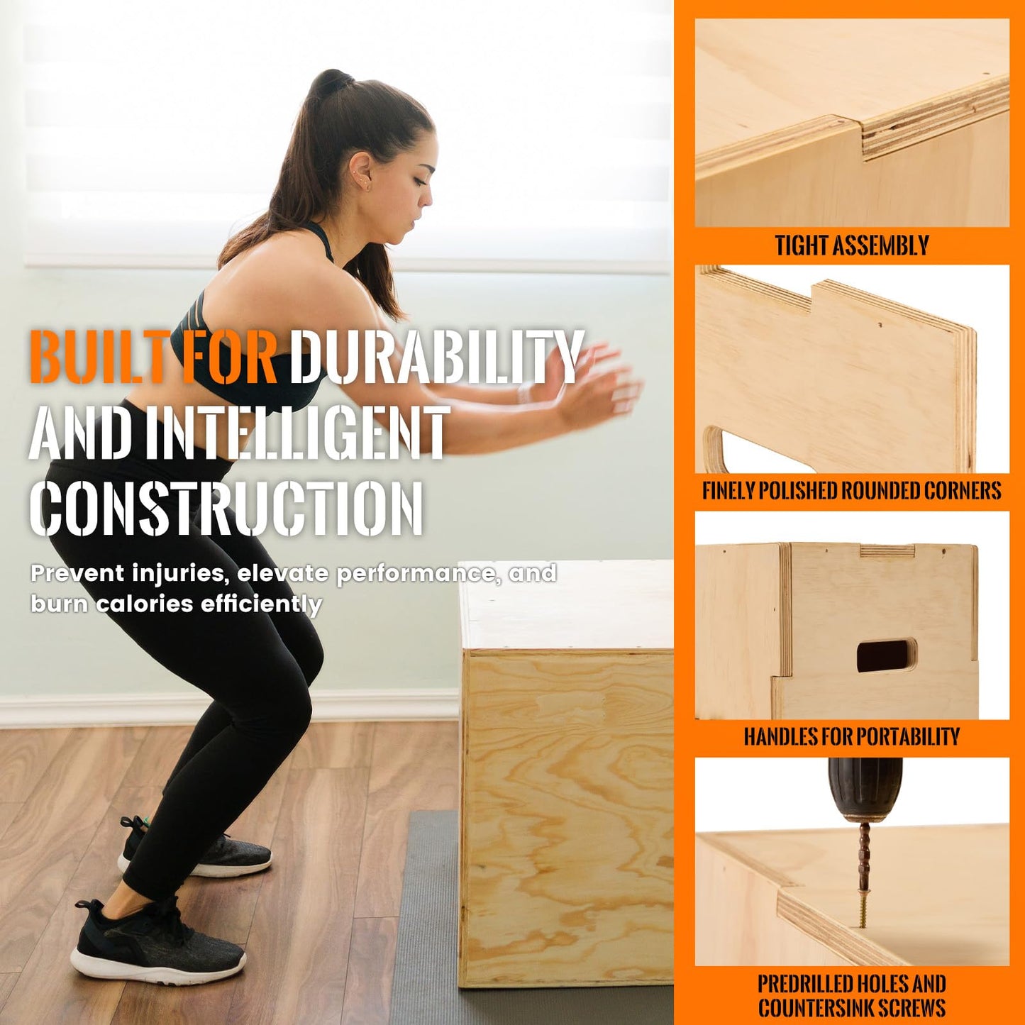 CAELUM 3-in-1 Wooden Plyo Box – Non-Slip Jump Box for Home & Gym, Heavy-Duty 400lbs Plyometric Box for Step-Ups, Squats, Strength & Agility Training 16" x 13" x 12"