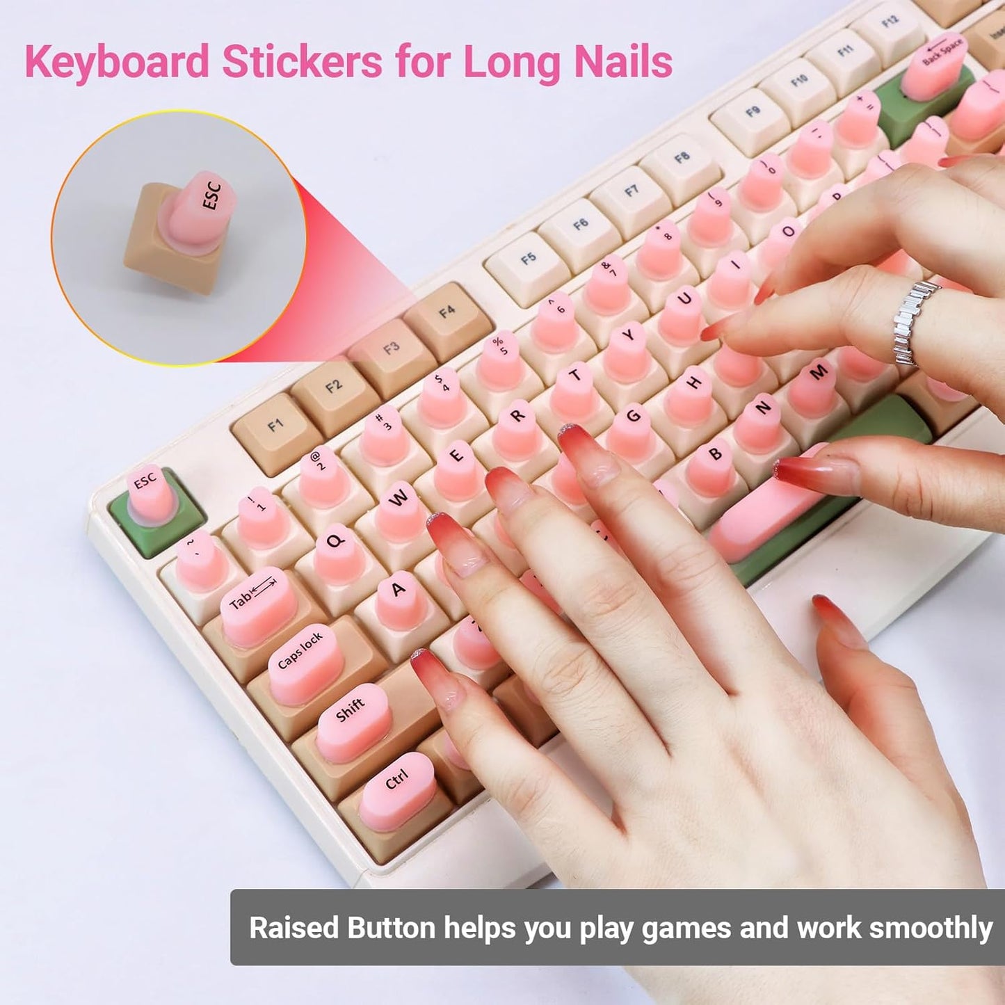 WANTHER (70 Raised Keyboard Stickers for Long Nails with Letters - Heart-Shaped Antistatic Silicone Protective Cover