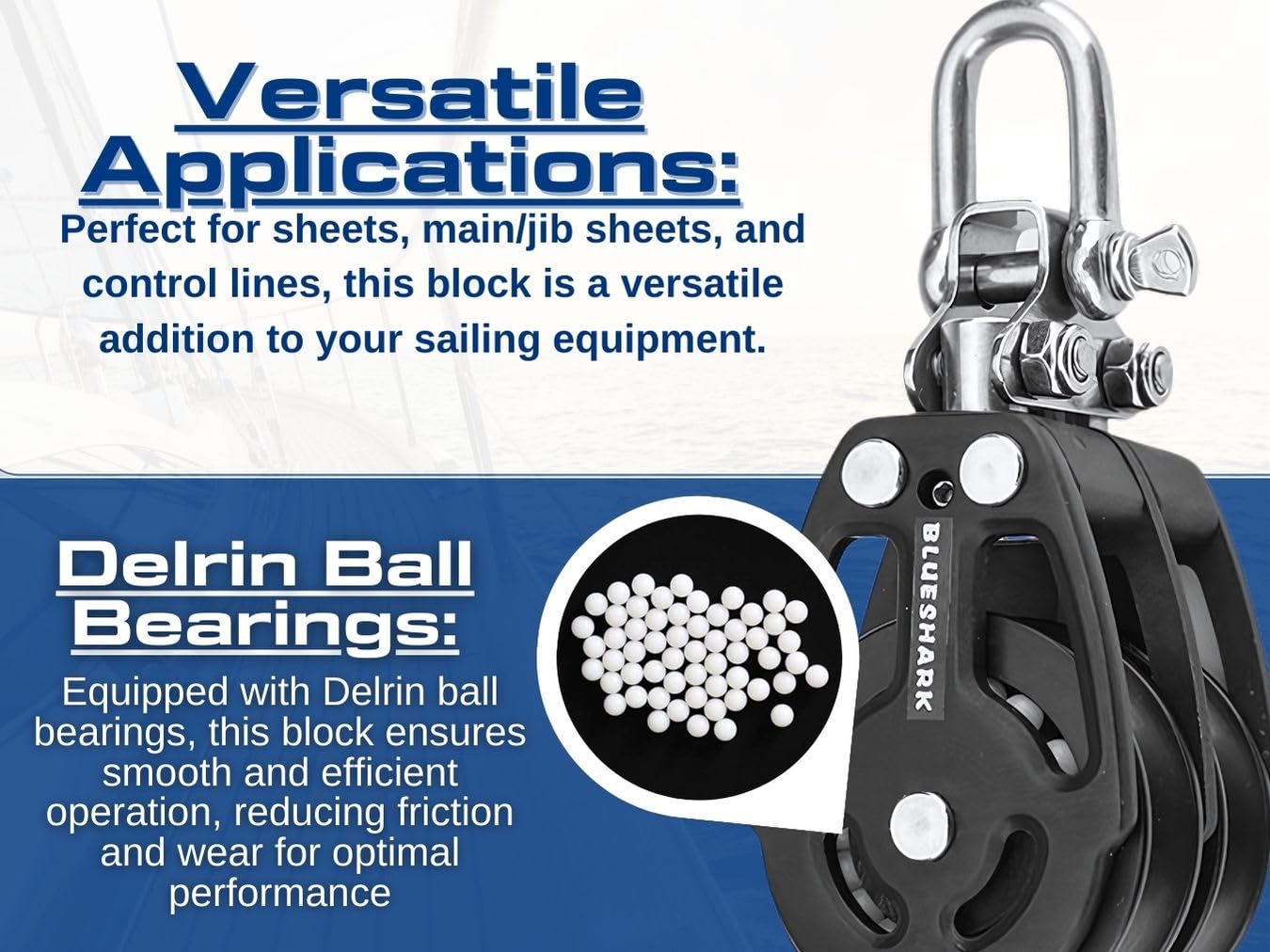 Blue Shark 2254-38 mm Fixed Double Aluminum Sailing Block - Max Line: 3/8” (10 mm), Safe Working Load (SWL): 1600 lbs, Breaking Load: 2850 lbs (1-Pack)