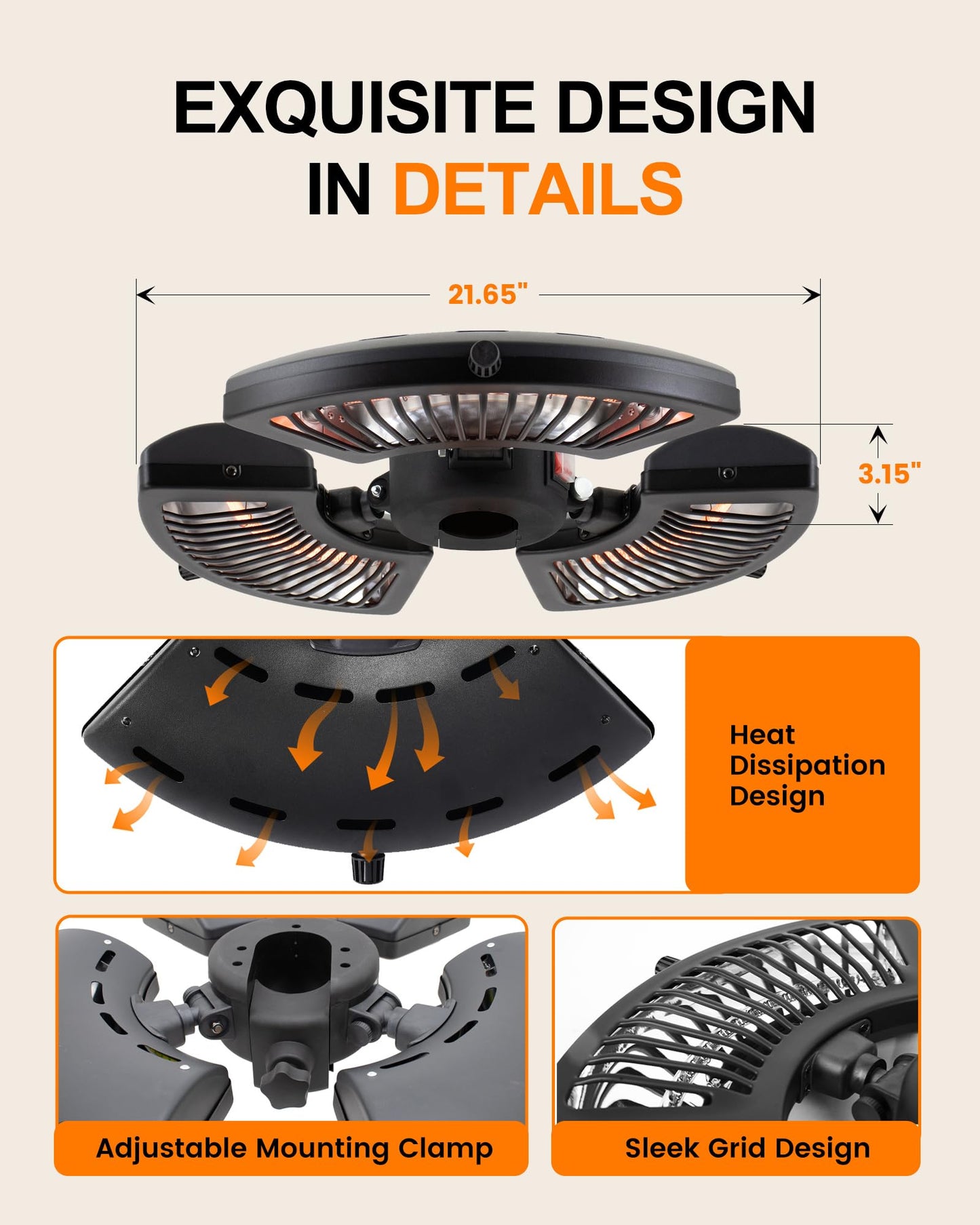Star Patio Outdoor Heater, Electric Parasol Heater, Umbrella Patio Heater with 3 Heat Levels, 1500W Instant Heating, Tip-Over & Overheat Protection, Infrared Patio Heater, ZHQ2027-P