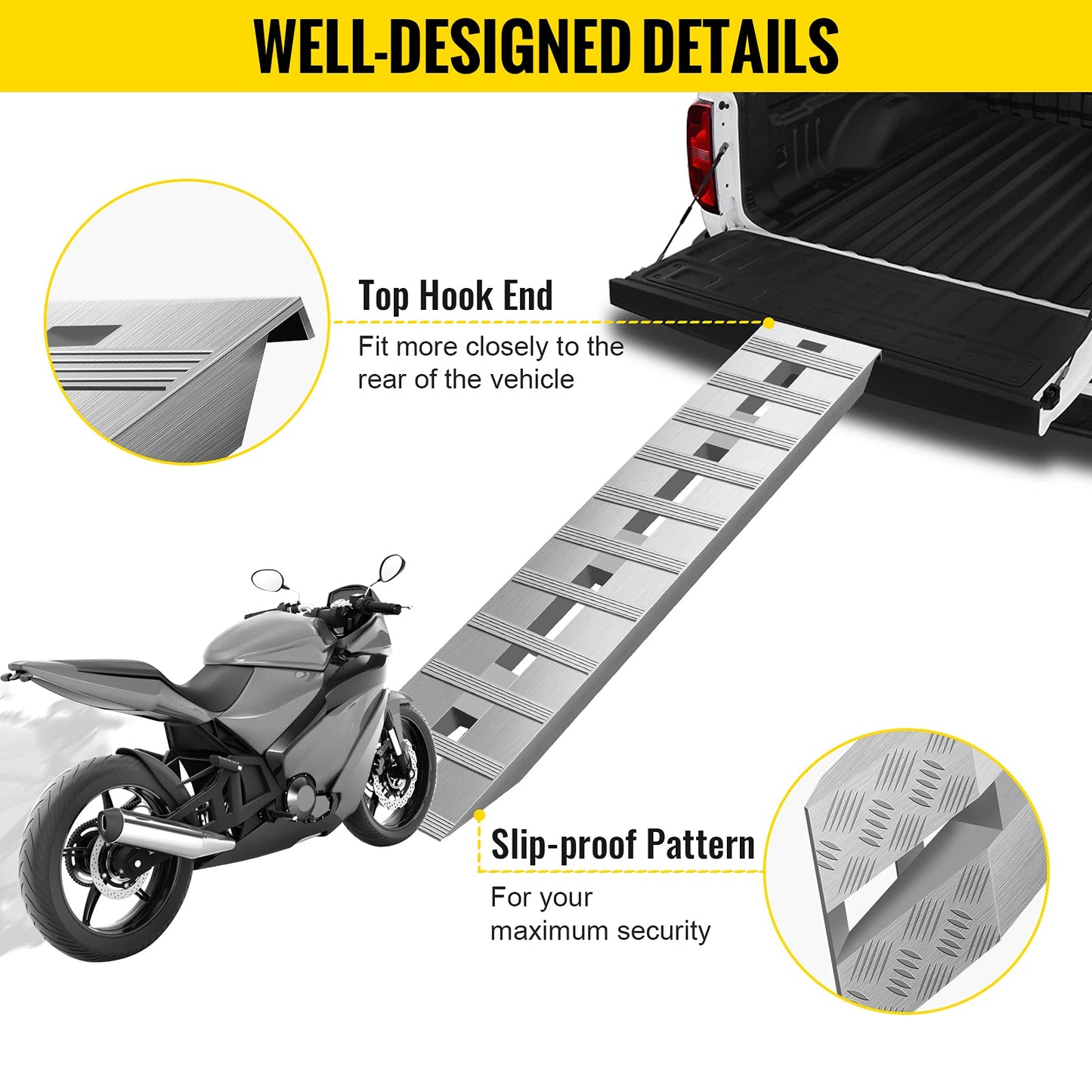 VEVOR Aluminum Ramps, 6000 lbs, Heavy-Duty Ramps with Top Hook Attaching End, Universal Loading Ramp for Motorcycle, Tractor, ATV/UTV, Trucks, Lawn Mower, 60" L x 12" W, 2Pcs