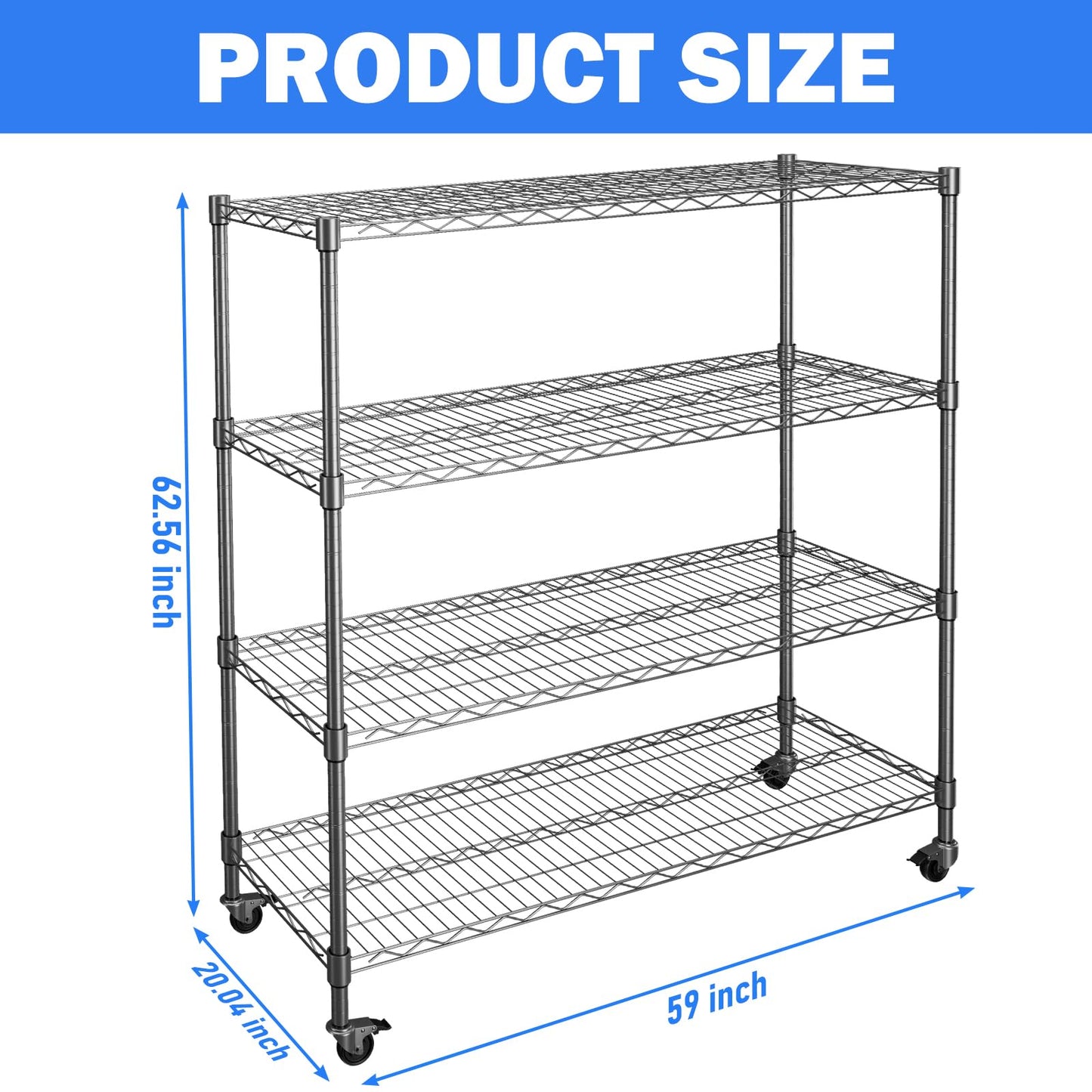 KAXIWEI Storage Shelves 2500LBS Metal Shelving 4 Tier Wire Shelving Garage Shelving Units with Wheels Heavy Duty Metal Shelves for Shelving Unit Adjustable Shelf, 62" H x 58" W x 20" D