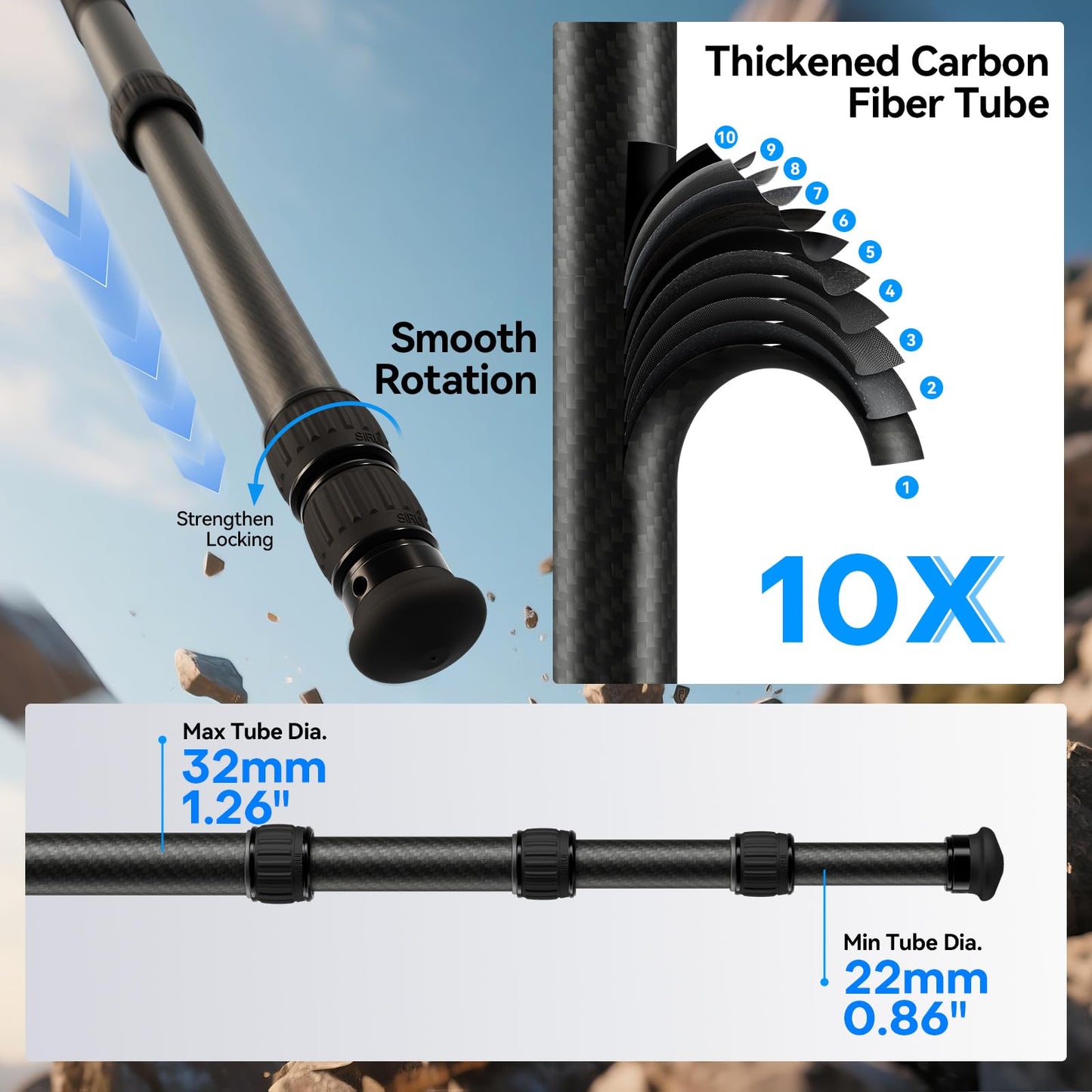 SIRUI Heavy-Duty Carbon Fiber Tripod, 59.8” Pro Tripod with Low Center of Gravity Ball Head, 44lbs Load, 6 Mounting Ports, Corrosion Resistance–for DSLR, Mirrorless, Telephoto, Wildlife（AM-324S+G1）