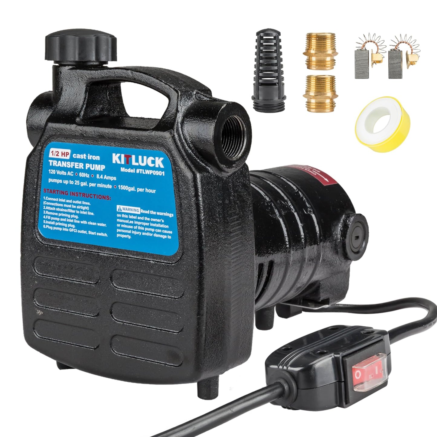 Water Transfer Pump, KITLUCK 120V 1/2 HP 1500GPH Cast Iron Portable Electric Utility Water Pump, Heavy Duty High Pressure Transfer Pump with ON/OFF Switch, Suction Strainer and Brass Connectors