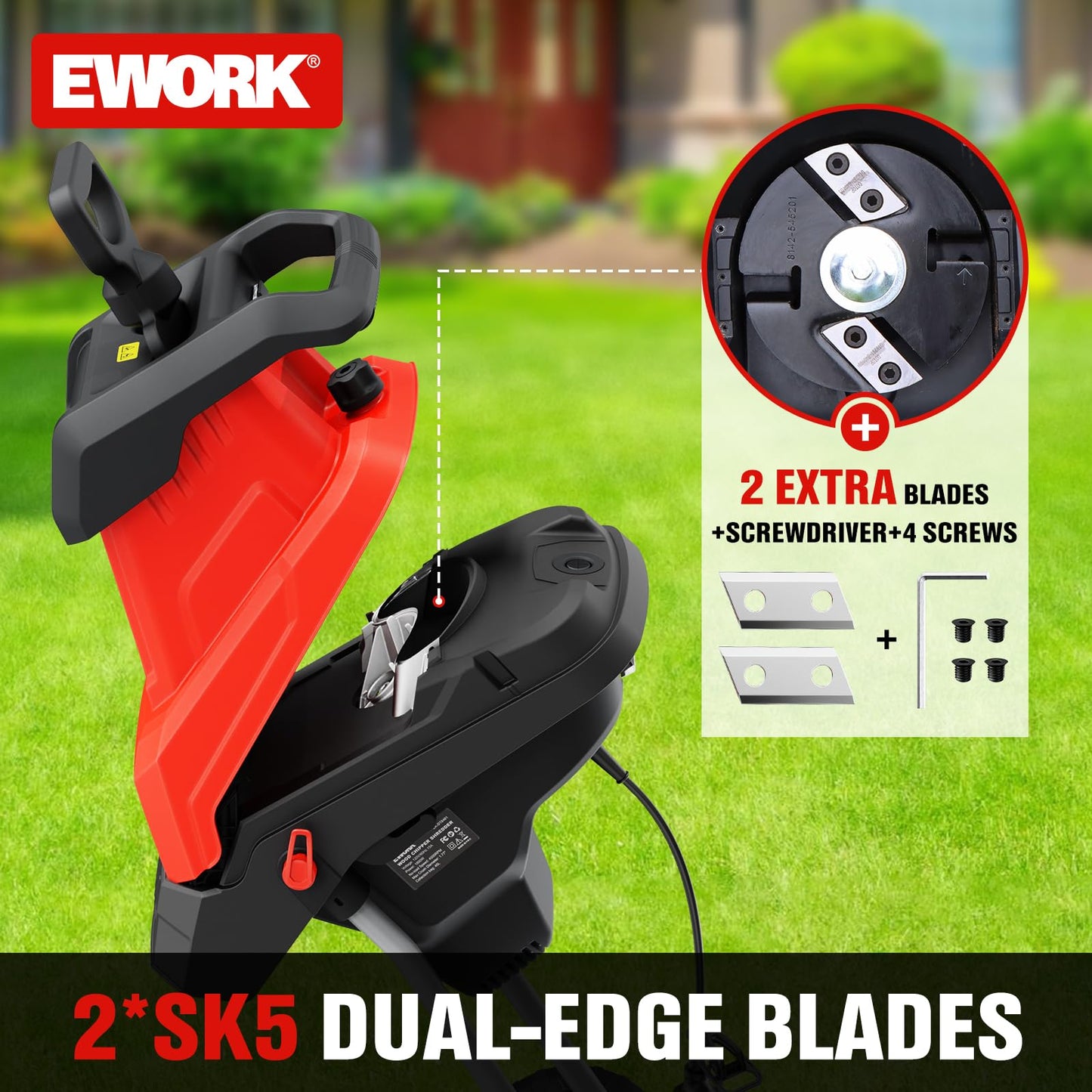 EWORK 15-Amp Electric Wood Chipper Shredder, 15:1 High Reduction Ratio with 4 Steel Blades Included, 1.77 Inch Capacity, Garden Mulcher for Composting Branches and Twigs