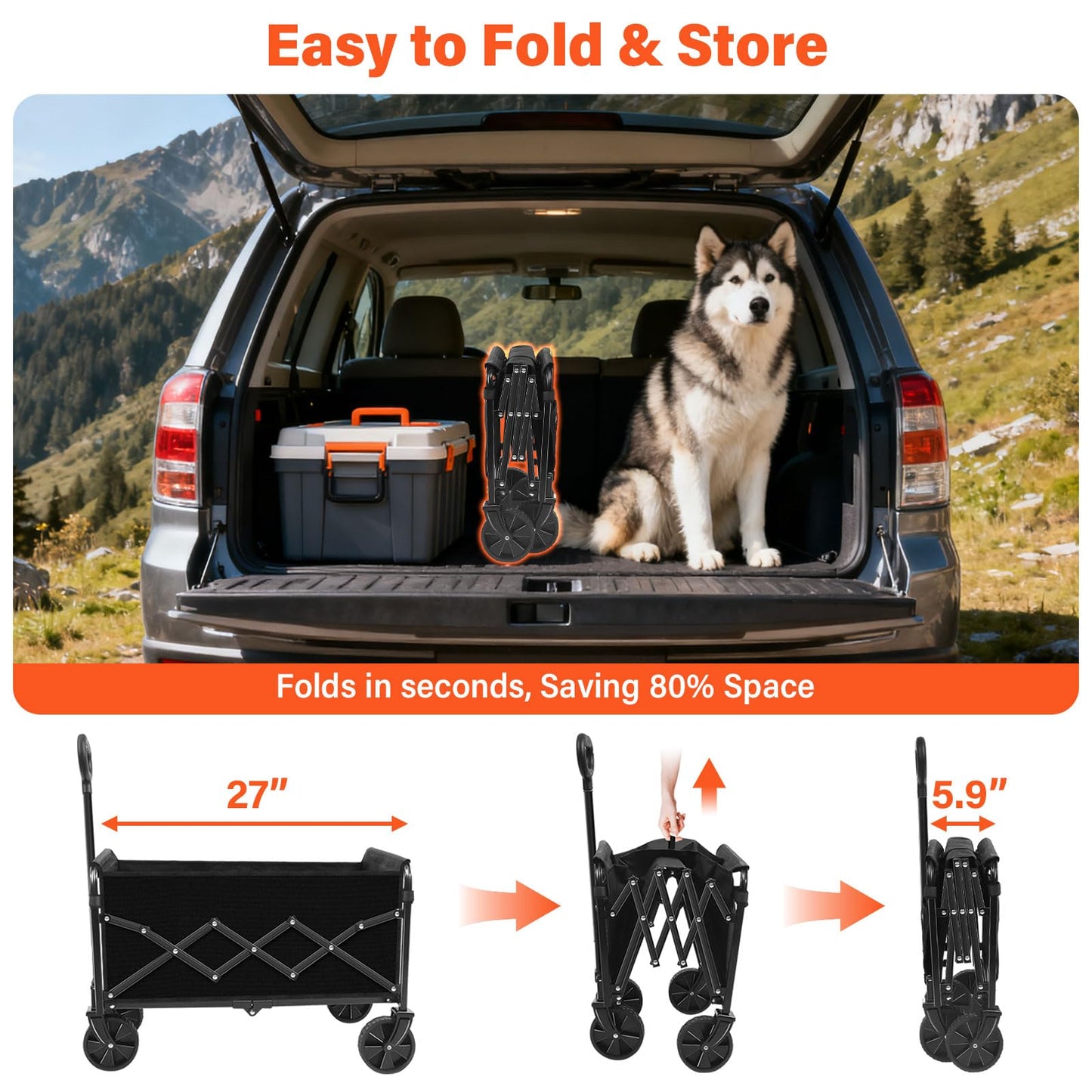 Wagons Carts Foldable - Portable Folding Collapsible Wagons with Wheels - Heavy Duty Utility Carts for Groceries, Shopping, Camping, Sports, Garden，Beach - Black