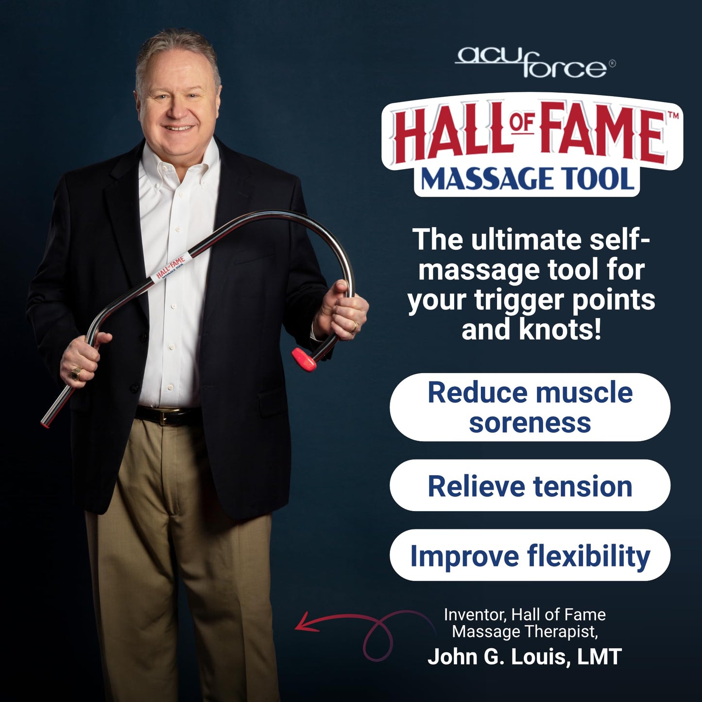 Acuforce Hall of Fame Neck & Back Massager Tool - Trigger Point Massage Tool with Self Massage Hook for Pain Relief, Shoulder, Neck, and Back Muscle Knot Remover - Gift for Men and Women
