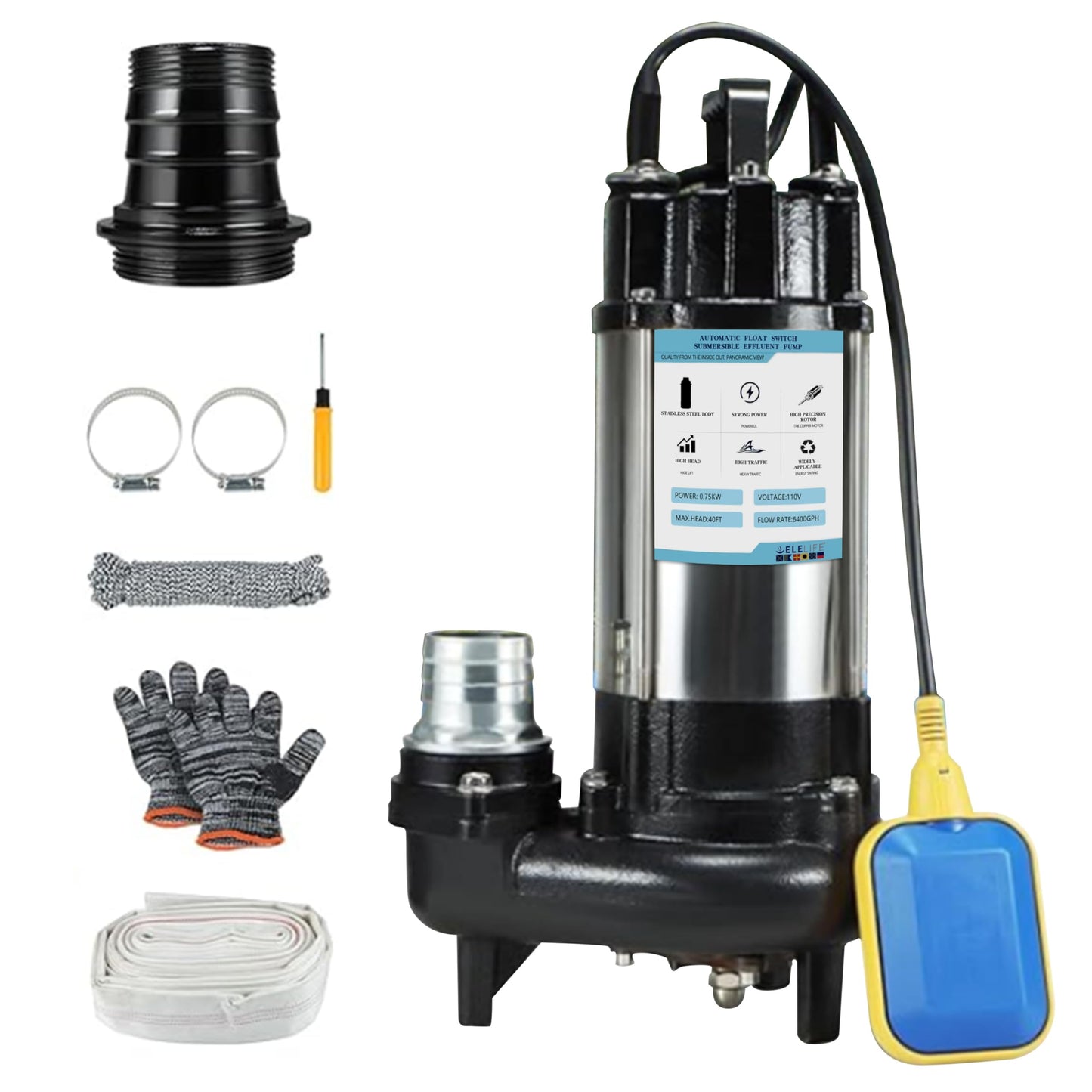 1HP Sewage Grinder Pump Submersible Effluent Pump, Sump Pump 110V 6400GPH with Automatic Float Switch,Stainless steel body and reamer.2'' NPT Discharge for Basement, Sump Basin.