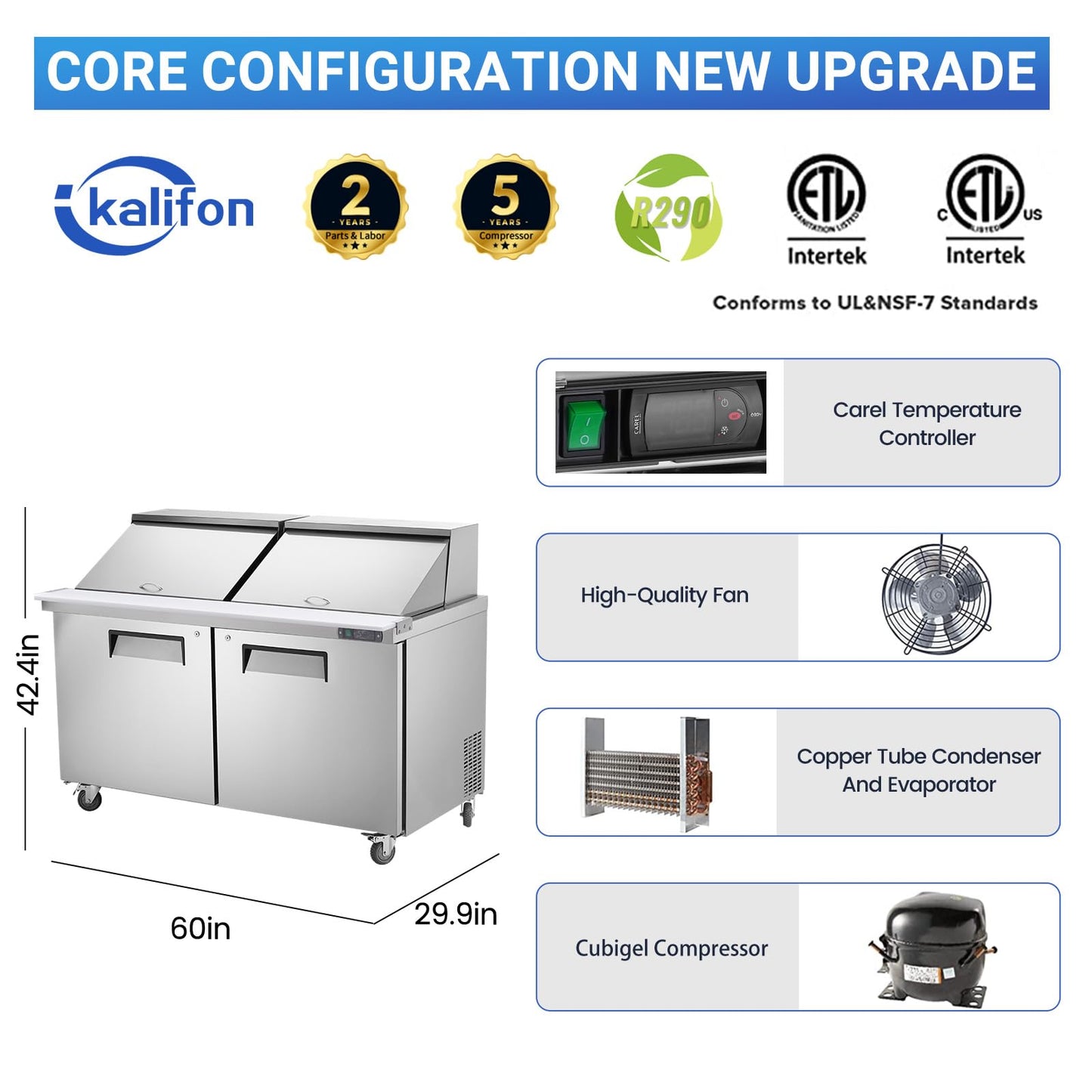 kalifon 60" W 2 Door Refrigerator Sandwich Salad Prep Table Commercial Stainless Steel Fan Cooling Refrigerator with Cutting Board, 2 Shelves & 24 Pans for Restaurant, Bar, Shop-16.4 Cu.ft