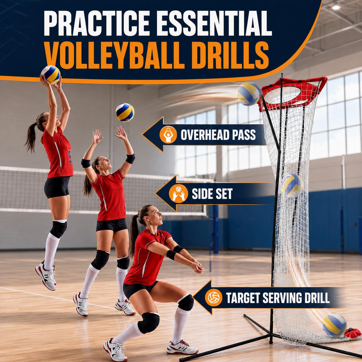 SCHENG-V Volleyball Setting Net, Setter Volleyball Training Net 7.5-11.5 FT Adjustable Height, 45°-180° Adjustable Angle, Stable Base for Indoor Outdoor Practice Equipment