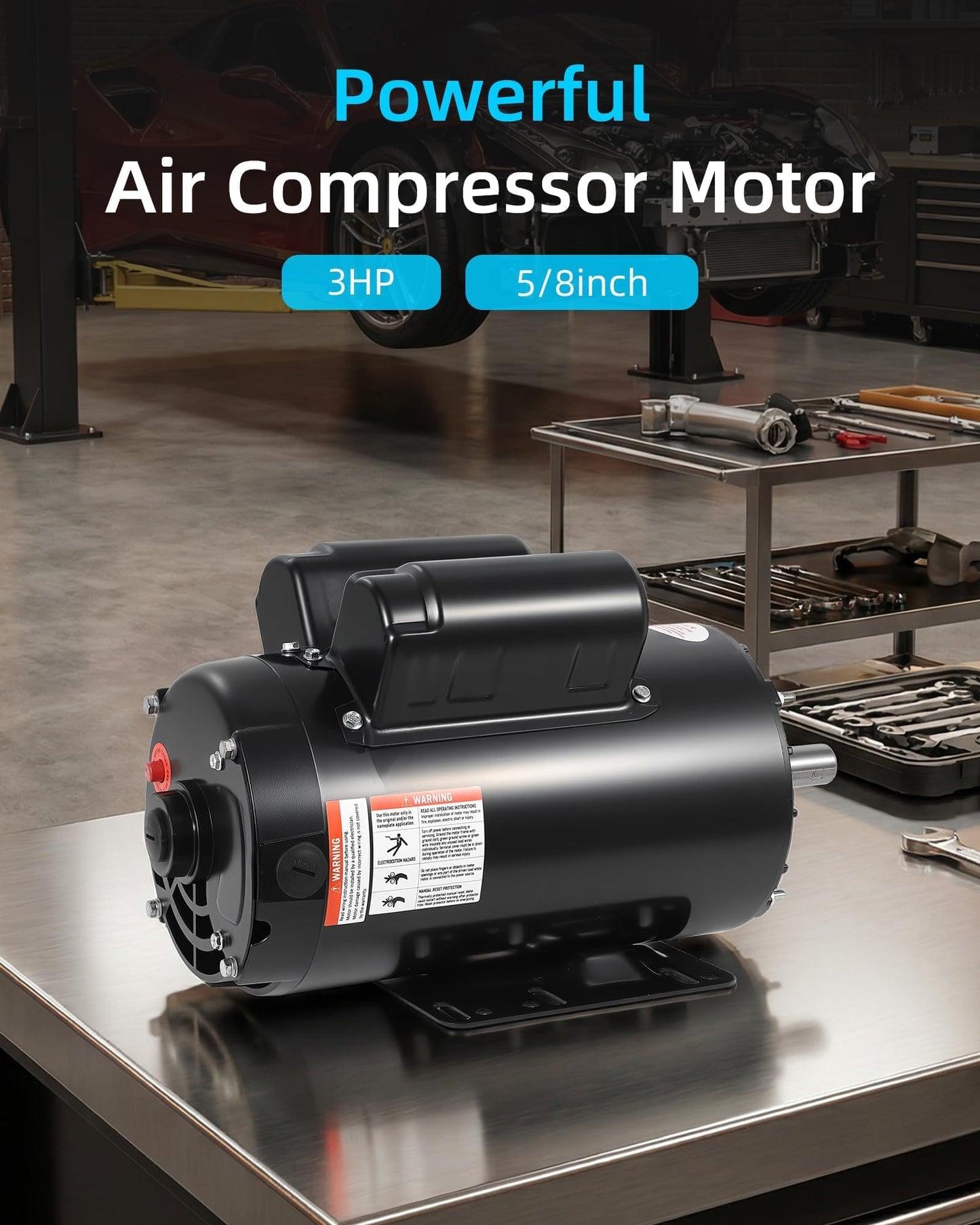 3HP SPL Air Compressor Electric Motor, 230V 17.6Amps, 56 Frame 3450RPM, 5/8“ Keyed Shaft, 1.88” Shaft Length, Single Phase, CW/CCW Rotation, Powerful Motor for General Equipment