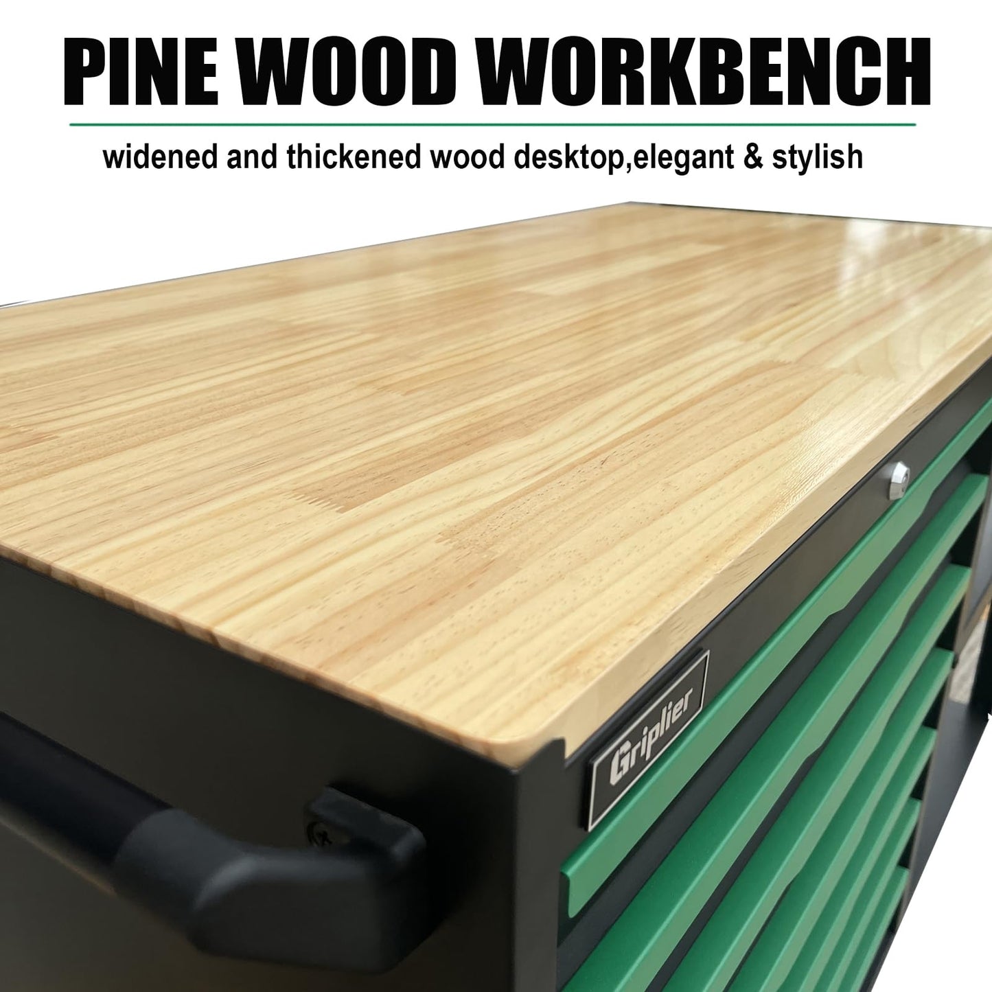 Griplier 7-Drawers Professional Tool Cart Cabinet,Rolling Tool Chest with Double Shelves,Wood Workbench,51.1W x 18.9D x 32.3H inches for Garage, Workshop, or Outdoor Use(7 Drawers + 258 Pieces Tool)