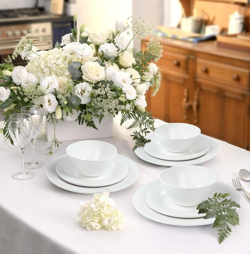 BEESEN Basic White Beaded Melamine Plastic Dinnerware Sets,12 Pieces Dishes Set, Lightweight Unbreakable, BPA Free, Plates and Bowls Set, Perfect for Indoor Outdoor Weddings & Everyday Meals