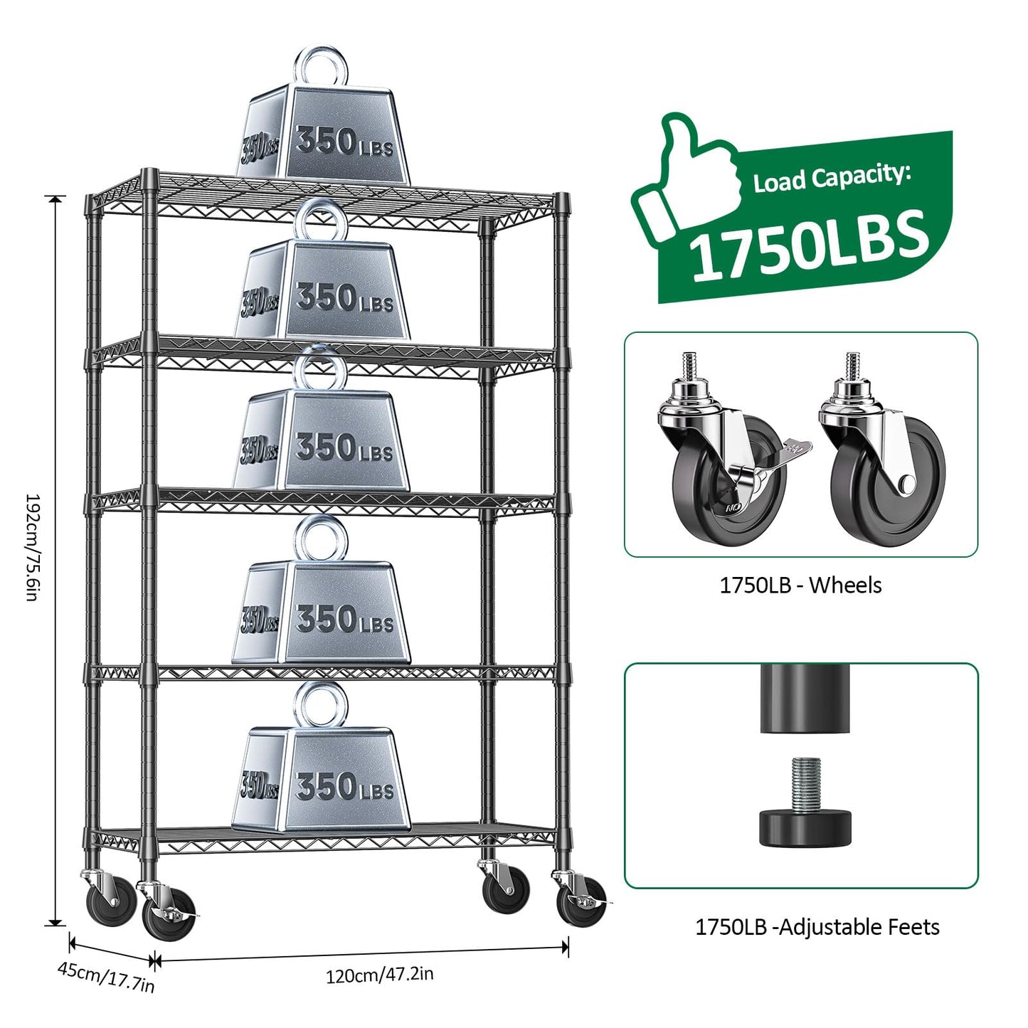 IZEUK 5-Tier Heavy Duty Metal Shelving Unit, Adjustable Steel Wire Storage Rack for Garage, Kitchen, Basement, Laundry Room & Office, Black, 17.7" D x 47.2" W x 72.3" H, 1750 lbs Capacity
