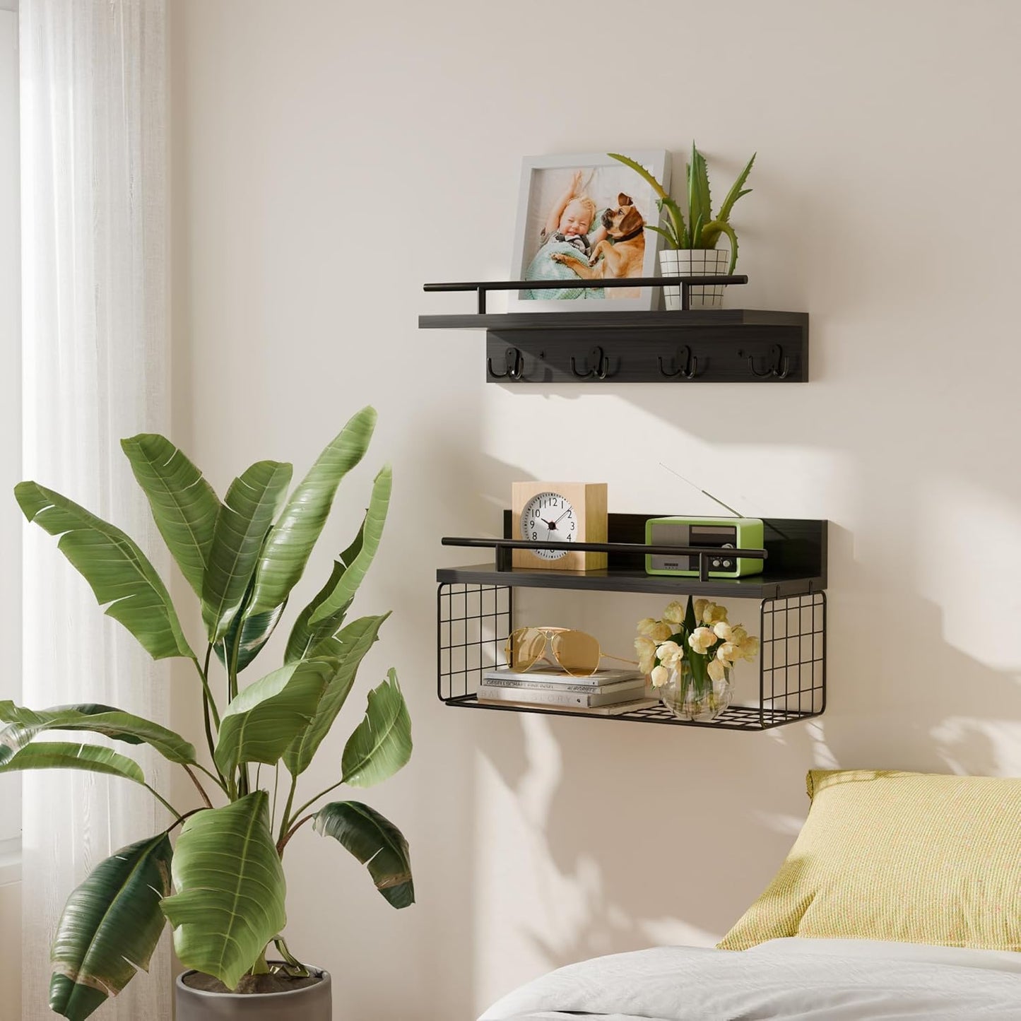 Regine Switzerland Floating Shelves - Black Bathroom Wall Shelves Set of 2 with Basket & Hooks
