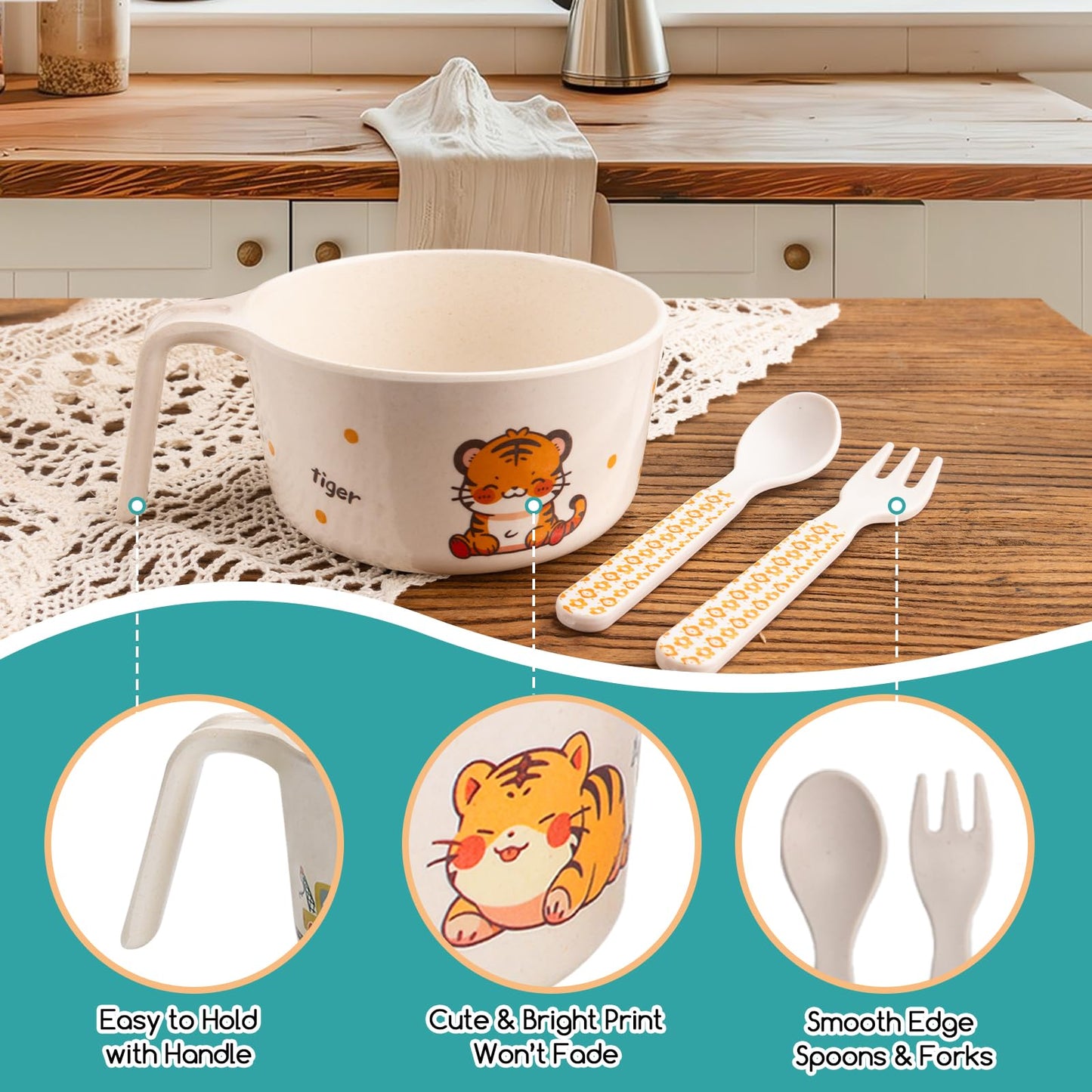 shopwithgreen Bamboo Kids Bowls Set, 4 Reusable Small Bowls for Baby Toddlers, Dinnerware Cereal Snack Soup Rice Bowl with 4 Spoons & Forks, Dishwasher Safe Bamboo Baby Food Bowls, BPA Free, 14.5 OZ