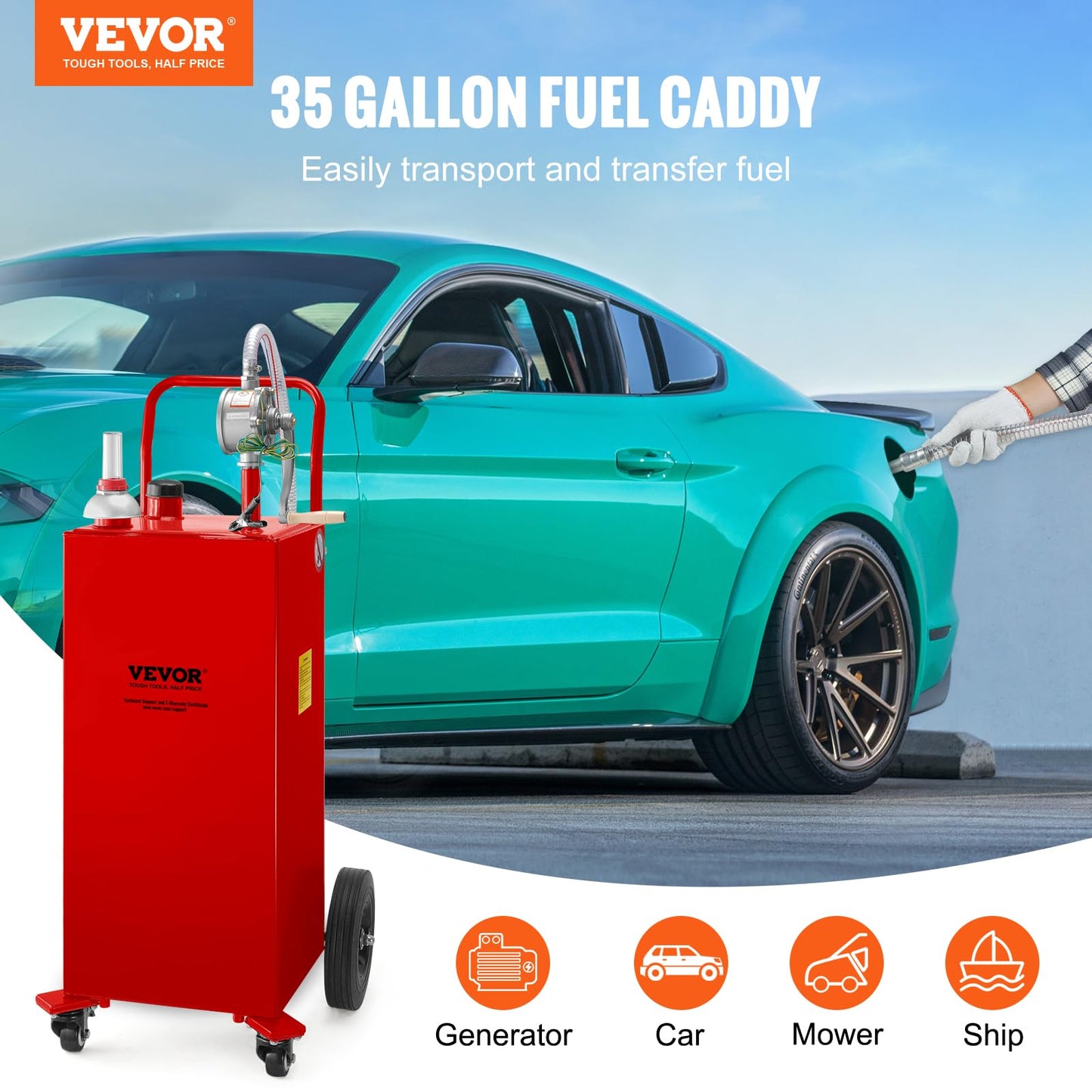 VEVOR Fuel Caddy 35 Gallon, Gas Storage Tank on 4 Wheels, with Manual Transfer Pump, Gasoline Diesel Fuel Container for Cars, Lawn Mowers, ATVs, Boats & More, Red
